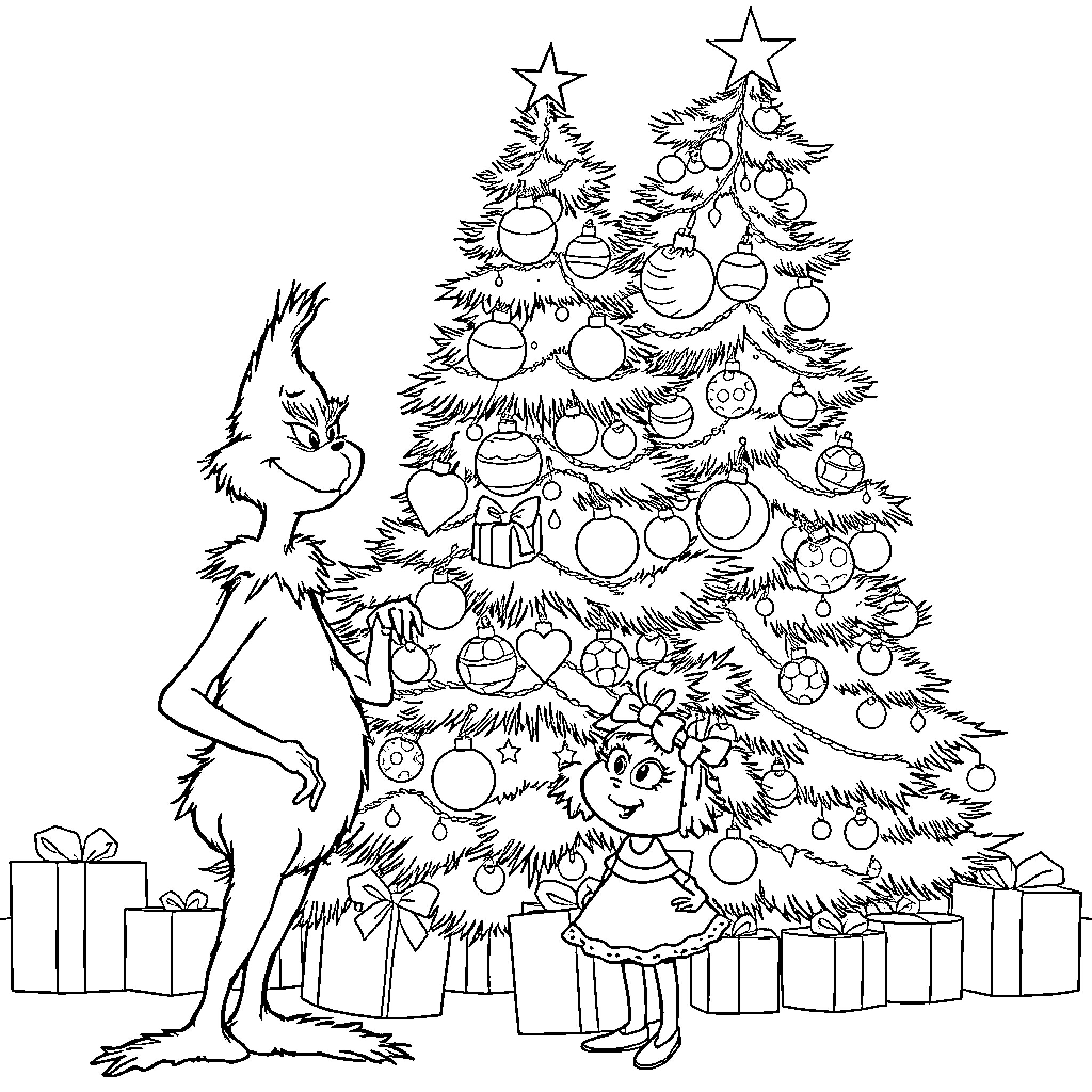 Grinch decorating a Christmas tree with children Coloring Page (free black-and-white line drawing printable PDF for all, from beginners to advanced learners, including children, teens, adults, and seniors)