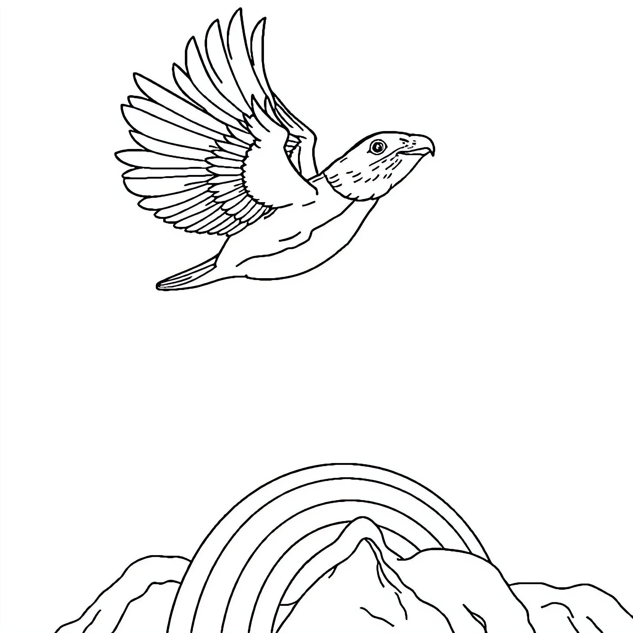 Flying Capybara soaring over mountain landscape Coloring Page (free black-and-white line drawing printable PDF for all, from beginners to advanced learners, including children, teens, adults, and seniors)