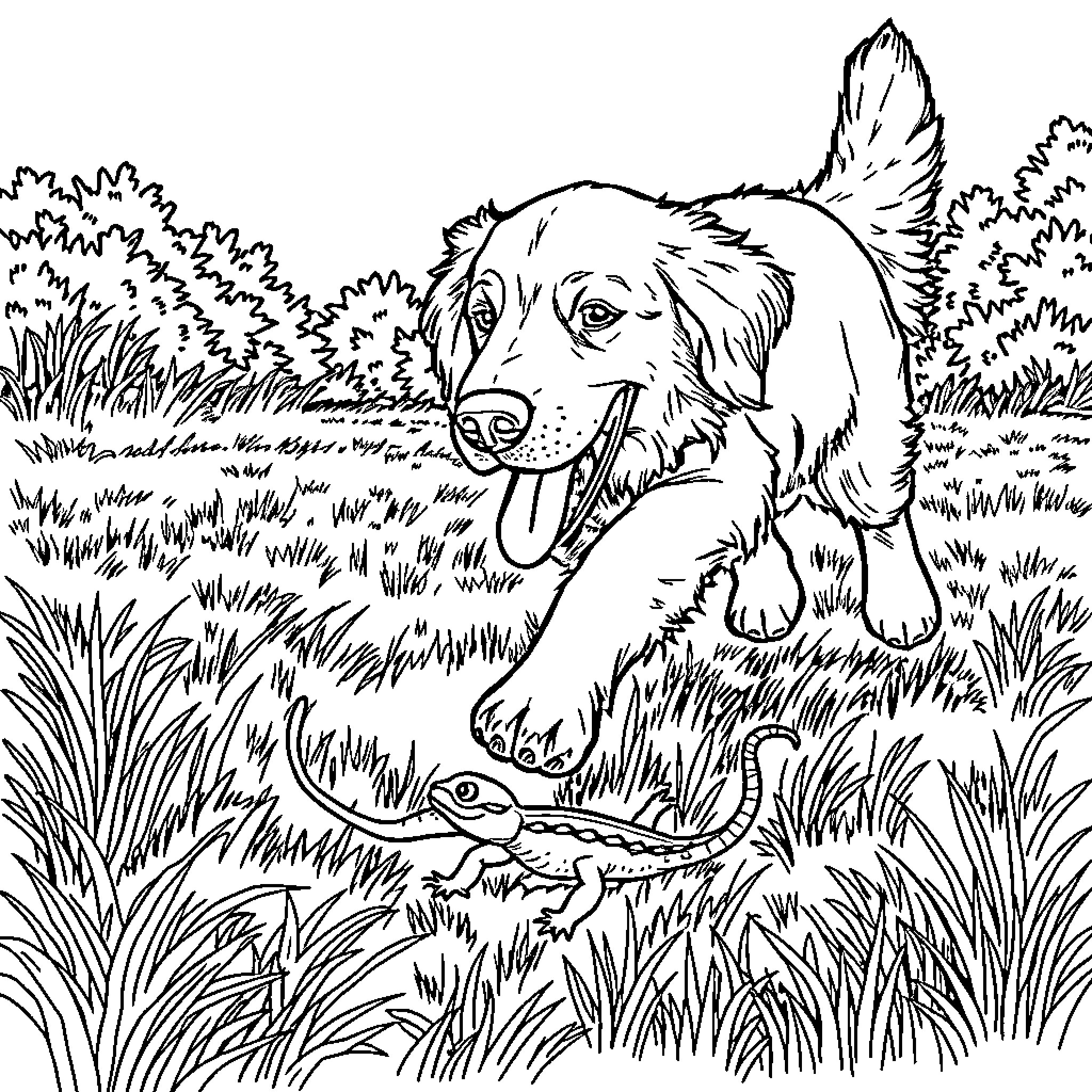 Golden Retriever exploring the outdoors Coloring Page (free black-and-white line drawing printable PDF for all, from beginners to advanced learners, including children, teens, adults, and seniors)