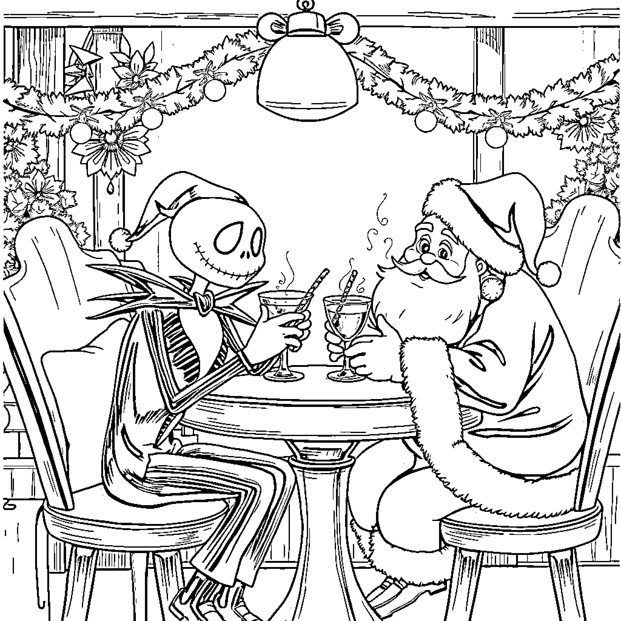 Jack Skeleton and Santa Claus having a holiday drink Coloring Page (free black-and-white line drawing printable PDF for all, from beginners to advanced learners, including children, teens, adults, and seniors)