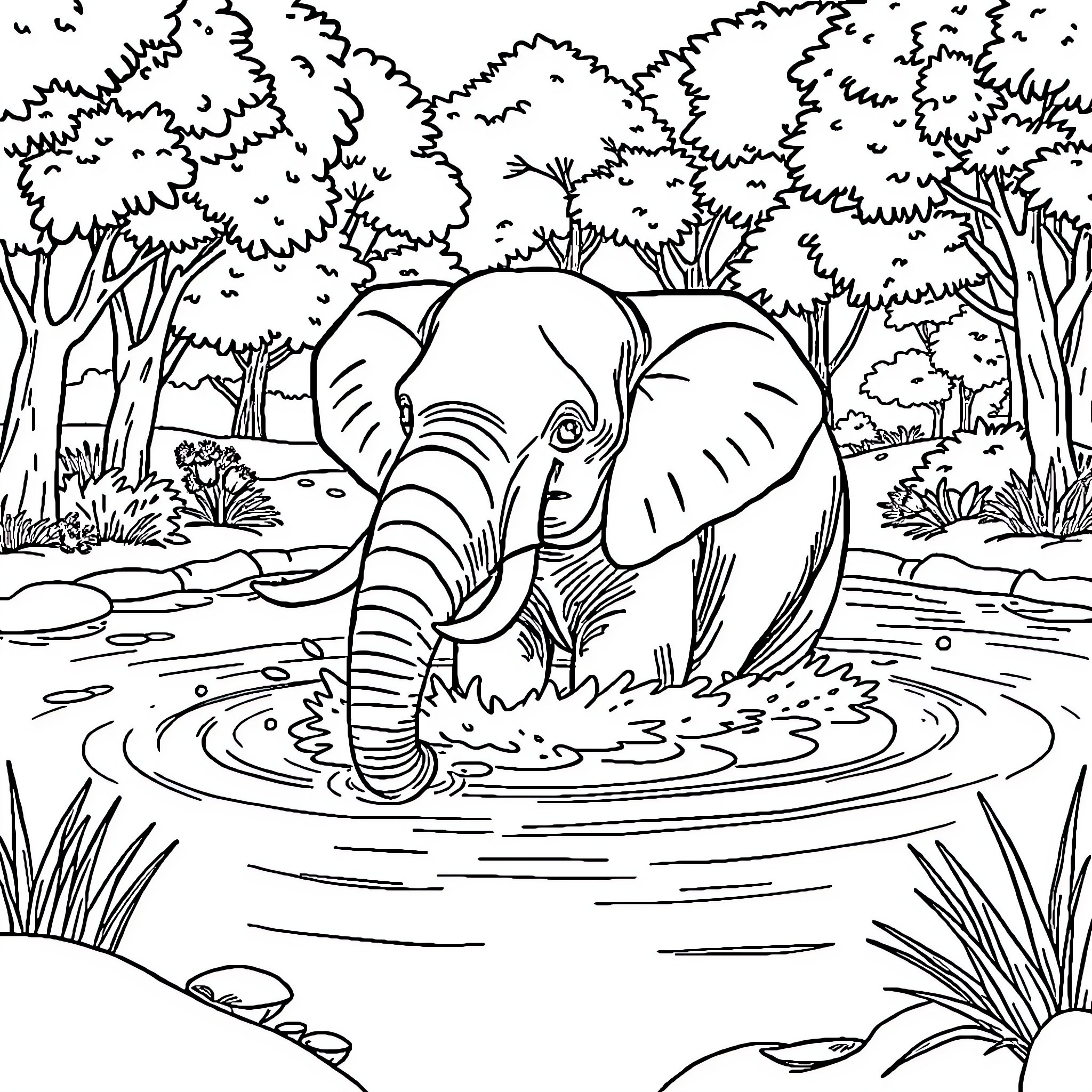 Elephant playing in the forest pond Coloring Page (free black-and-white line drawing printable PDF for all, from beginners to advanced learners, including children, teens, adults, and seniors)