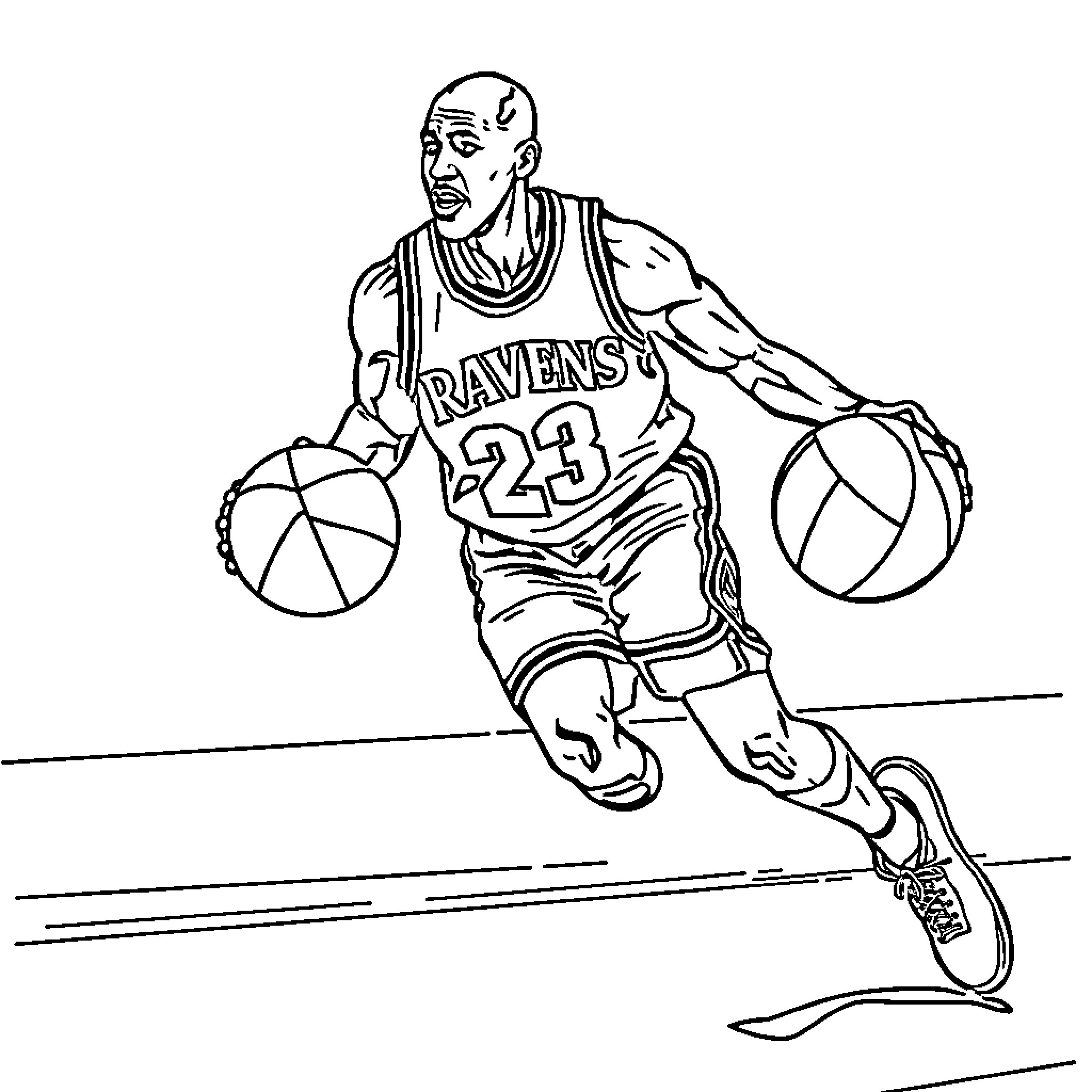 Michael Jordan Basketball Player in Action Coloring Page (free black-and-white line drawing printable PDF for all, from beginners to advanced learners, including children, teens, adults, and seniors)