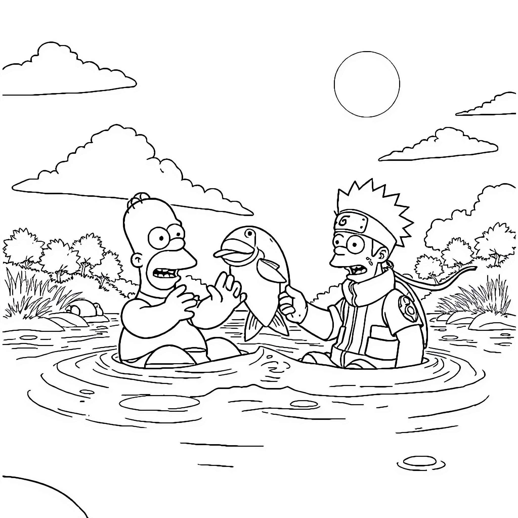 Homero Simpson swimming with friends in nature Coloring Page (free black-and-white line drawing printable PDF for all, from beginners to advanced learners, including children, teens, adults, and seniors)