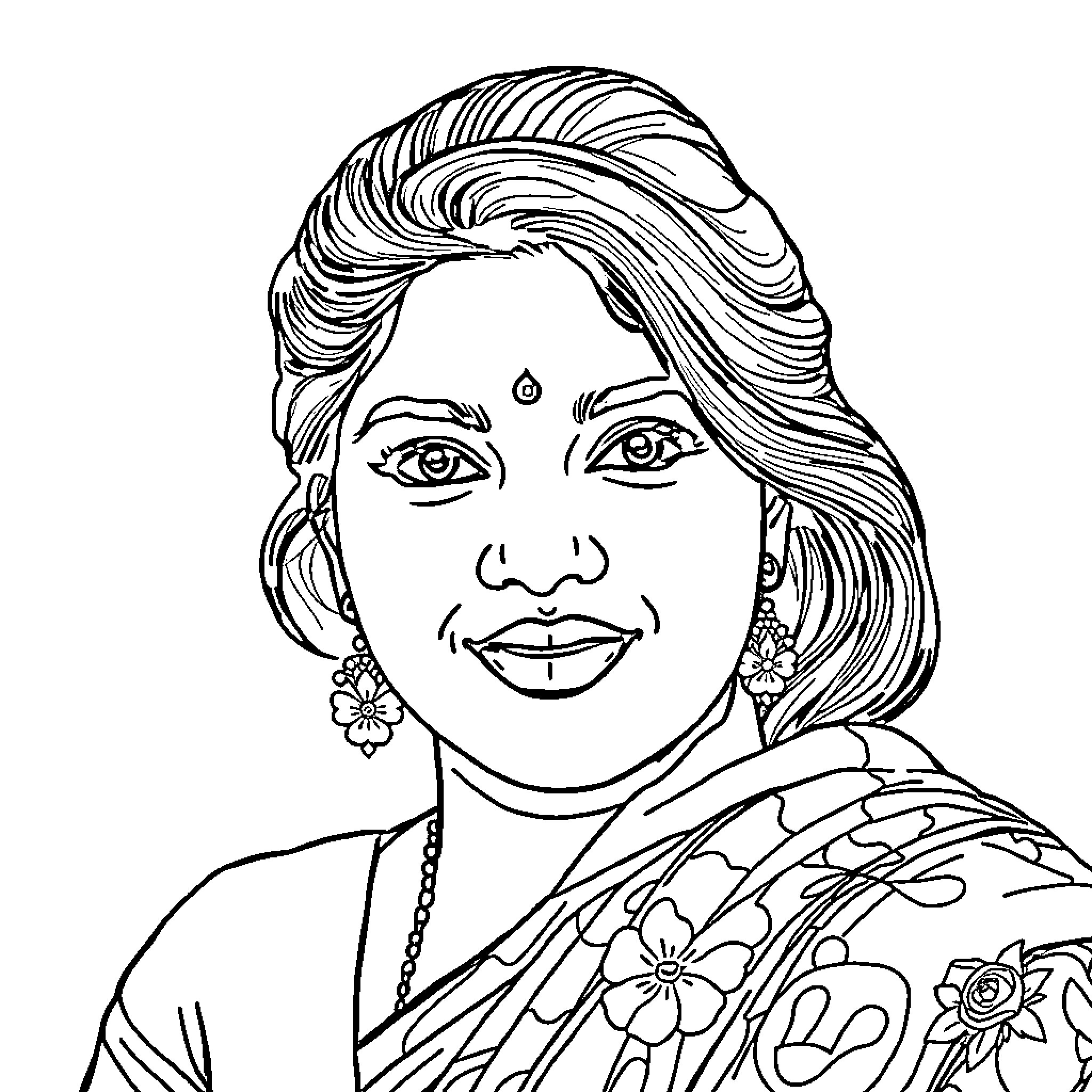 Preetha in traditional dress with floral patterns Coloring Page (free black-and-white line drawing printable PDF for all, from beginners to advanced learners, including children, teens, adults, and seniors)