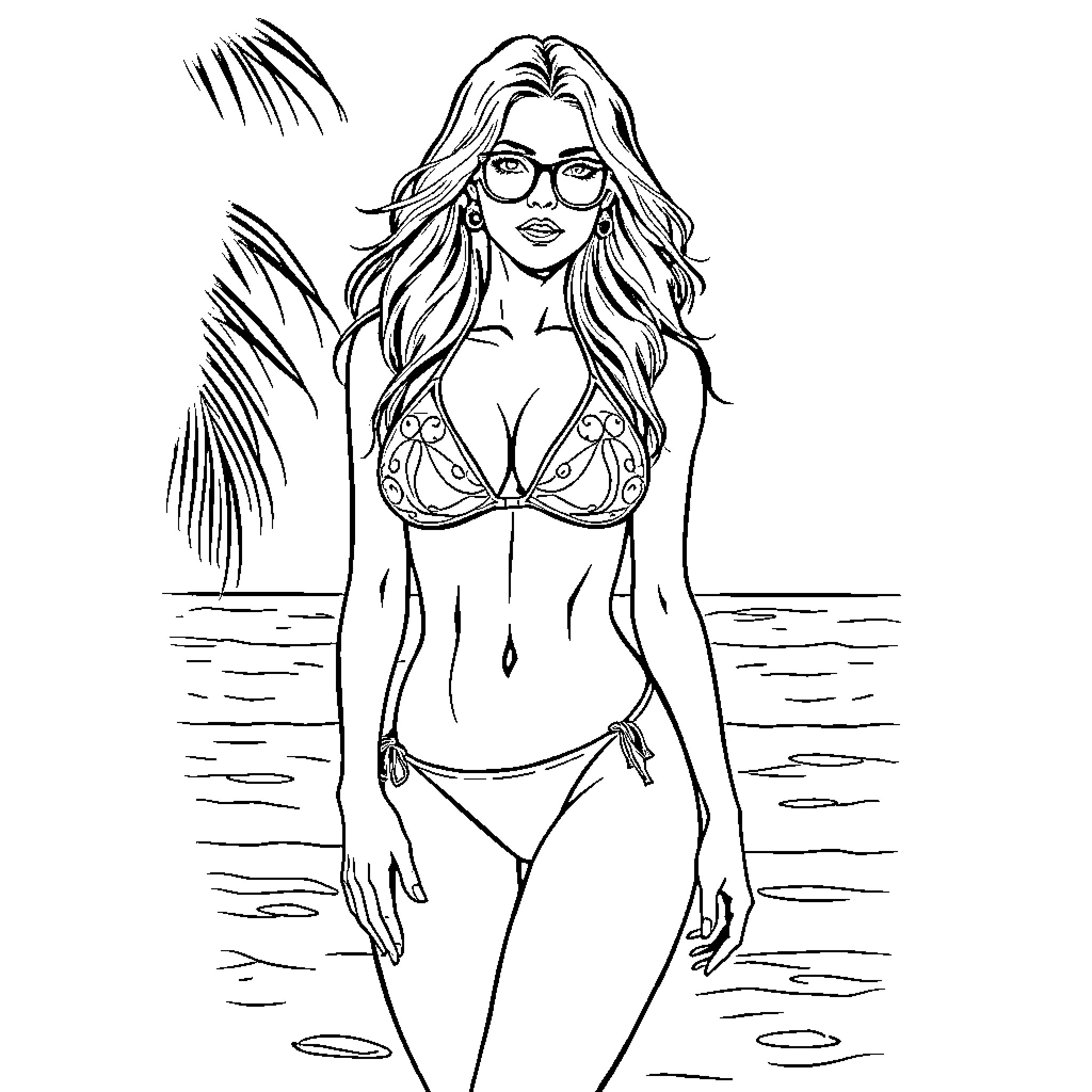 Woman in a stylish swimsuit enjoying the beach Coloring Page (free black-and-white line drawing printable PDF for all, from beginners to advanced learners, including children, teens, adults, and seniors)