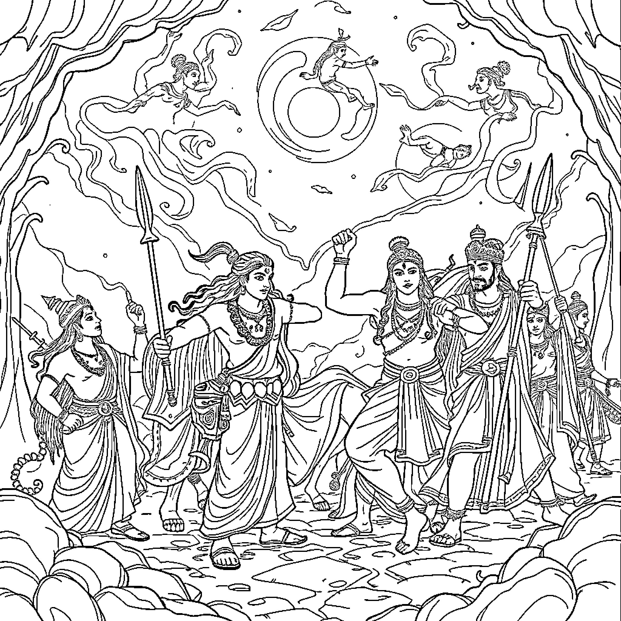 Mahabharat: Mythological Characters in an Epic Scene Coloring Page (free black-and-white line drawing printable PDF for all, from beginners to advanced learners, including children, teens, adults, and seniors)