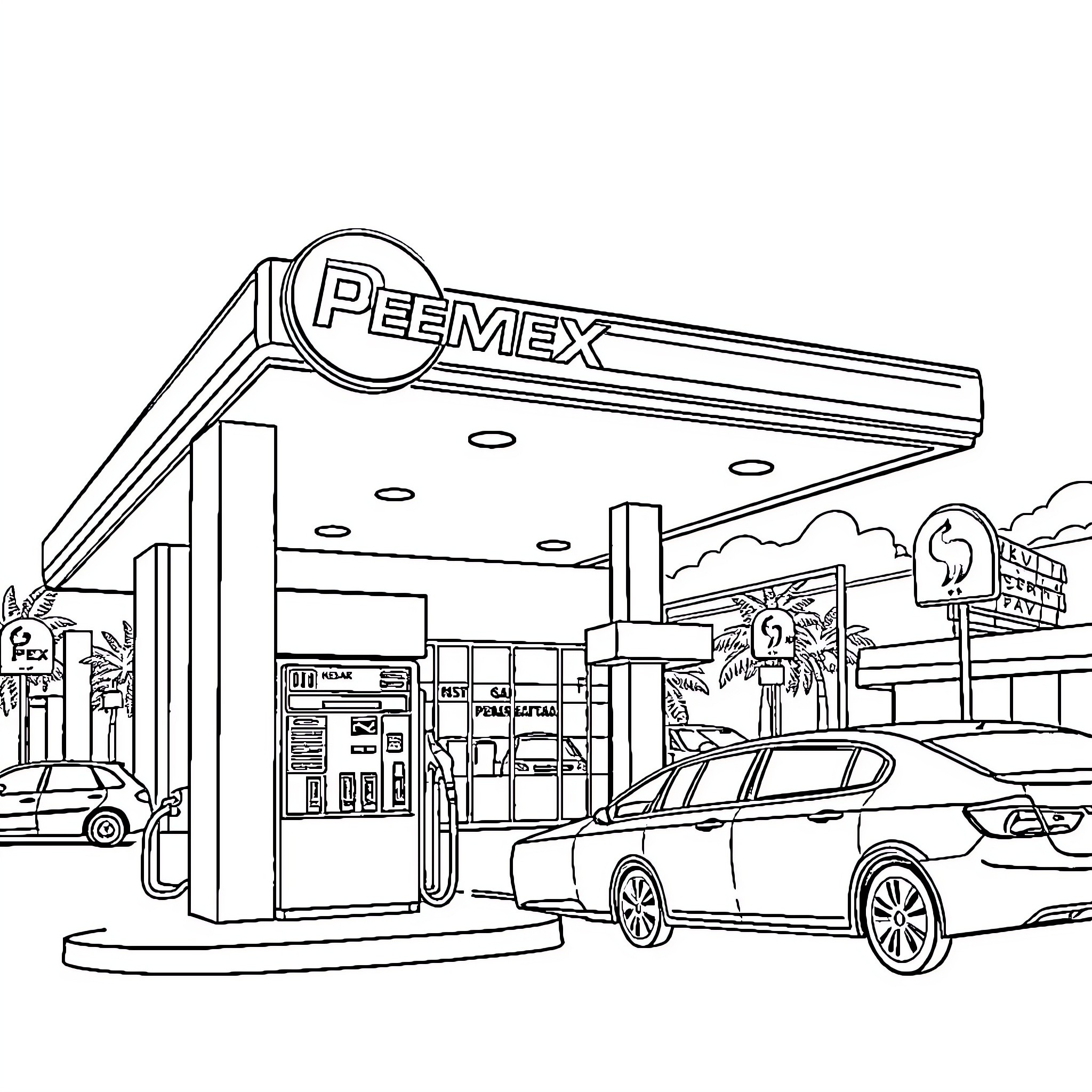 Pemex gas station with parked cars and buildings Coloring Page (free black-and-white line drawing printable PDF for all, from beginners to advanced learners, including children, teens, adults, and seniors)