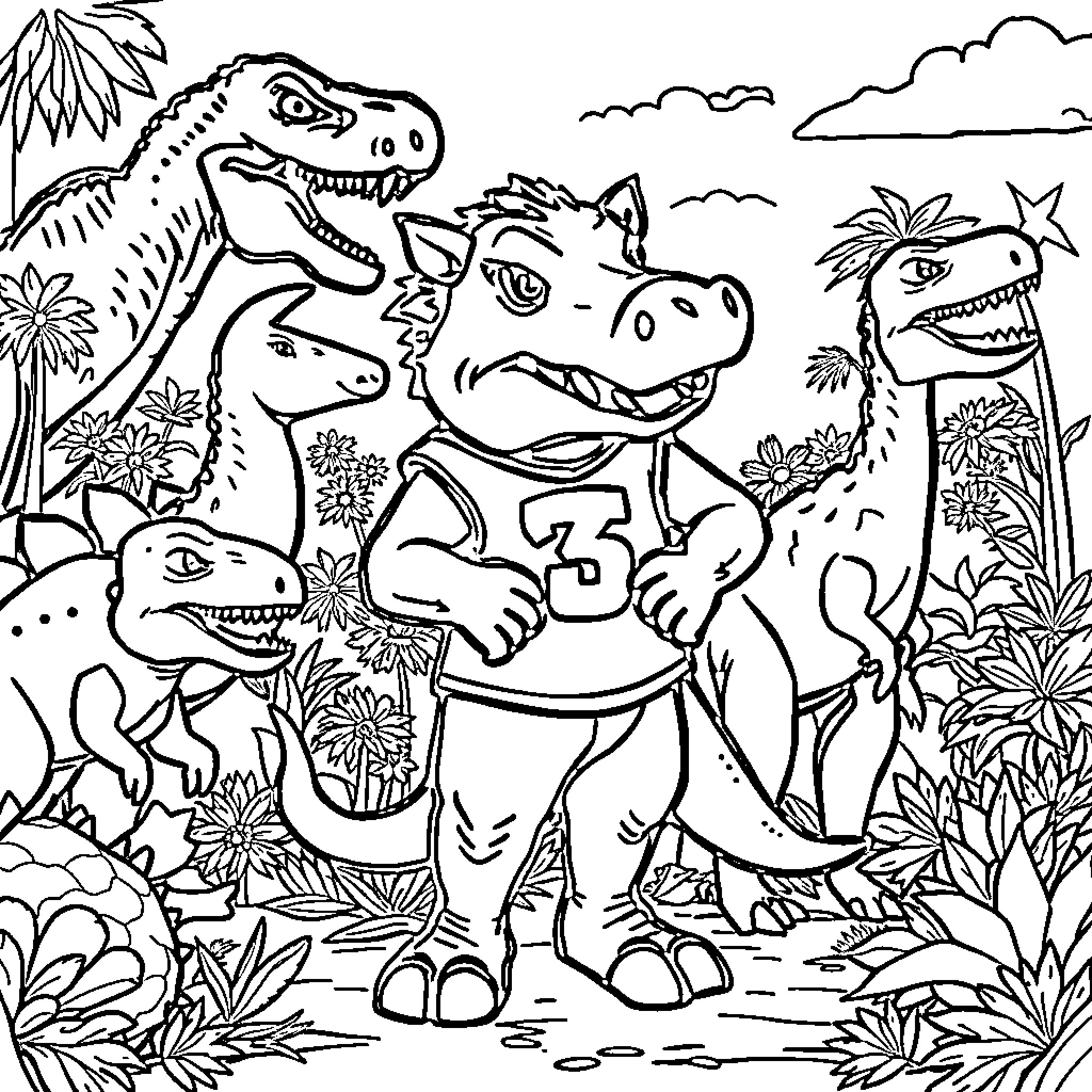 Razorback Dinosaurs Playfully Interacting in Lush Landscape Coloring Page (free black-and-white line drawing printable PDF for all, from beginners to advanced learners, including children, teens, adults, and seniors)