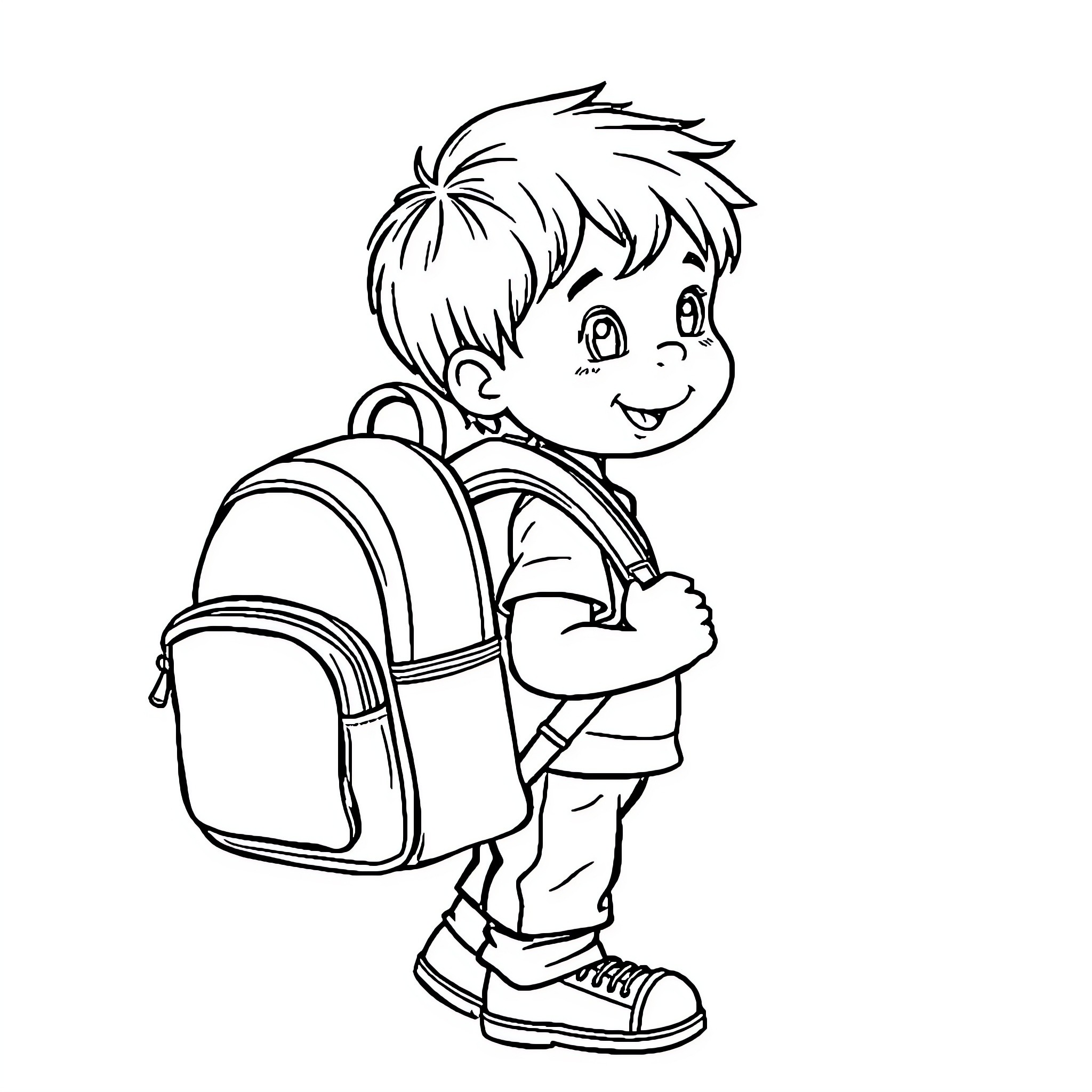 Toddler boy with backpack heading to school Coloring Page (free black-and-white line drawing printable PDF for all, from beginners to advanced learners, including children, teens, adults, and seniors)