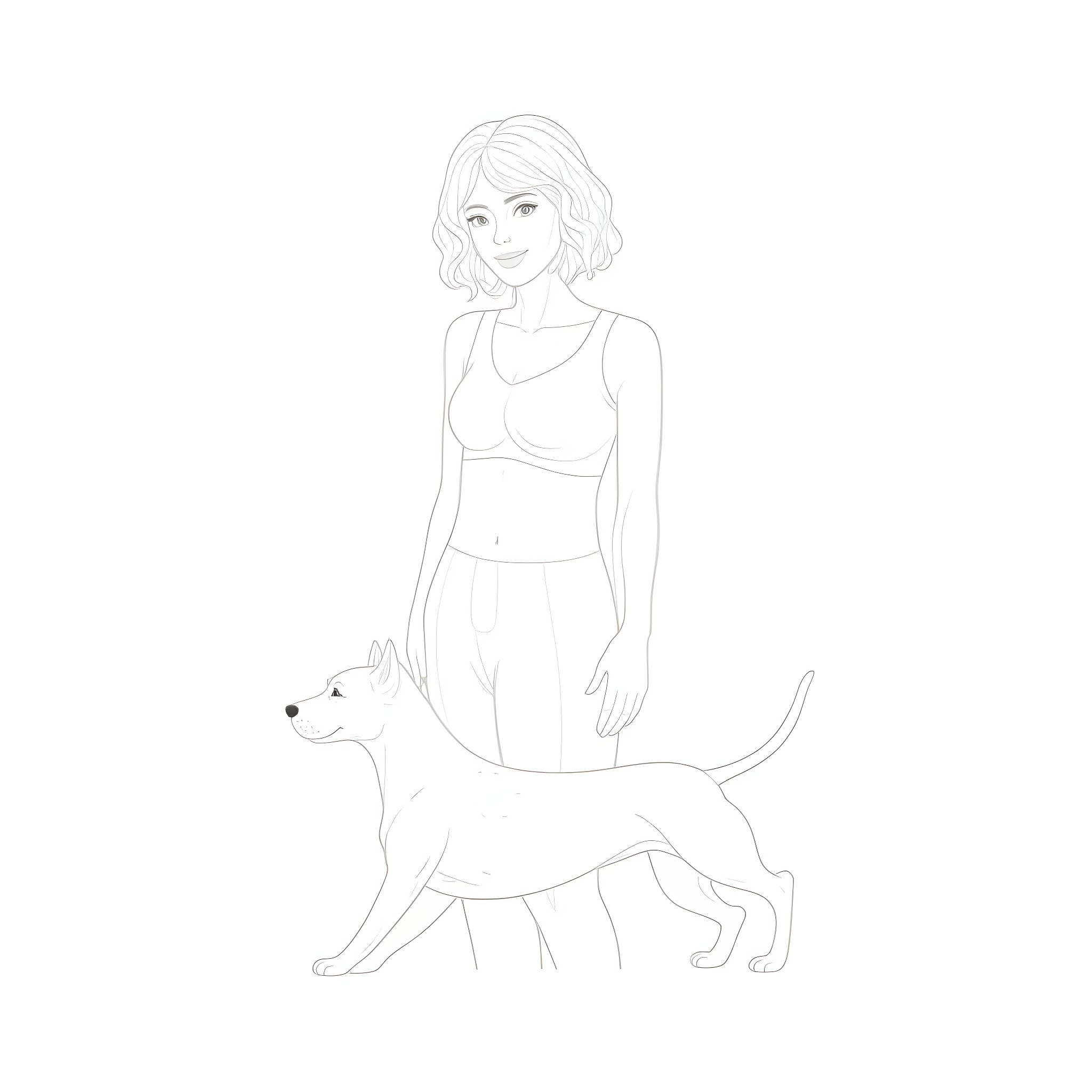 Woman and Dog Walking Together Coloring Page (free black-and-white line drawing printable PDF for all, from beginners to advanced learners, including children, teens, adults, and seniors)