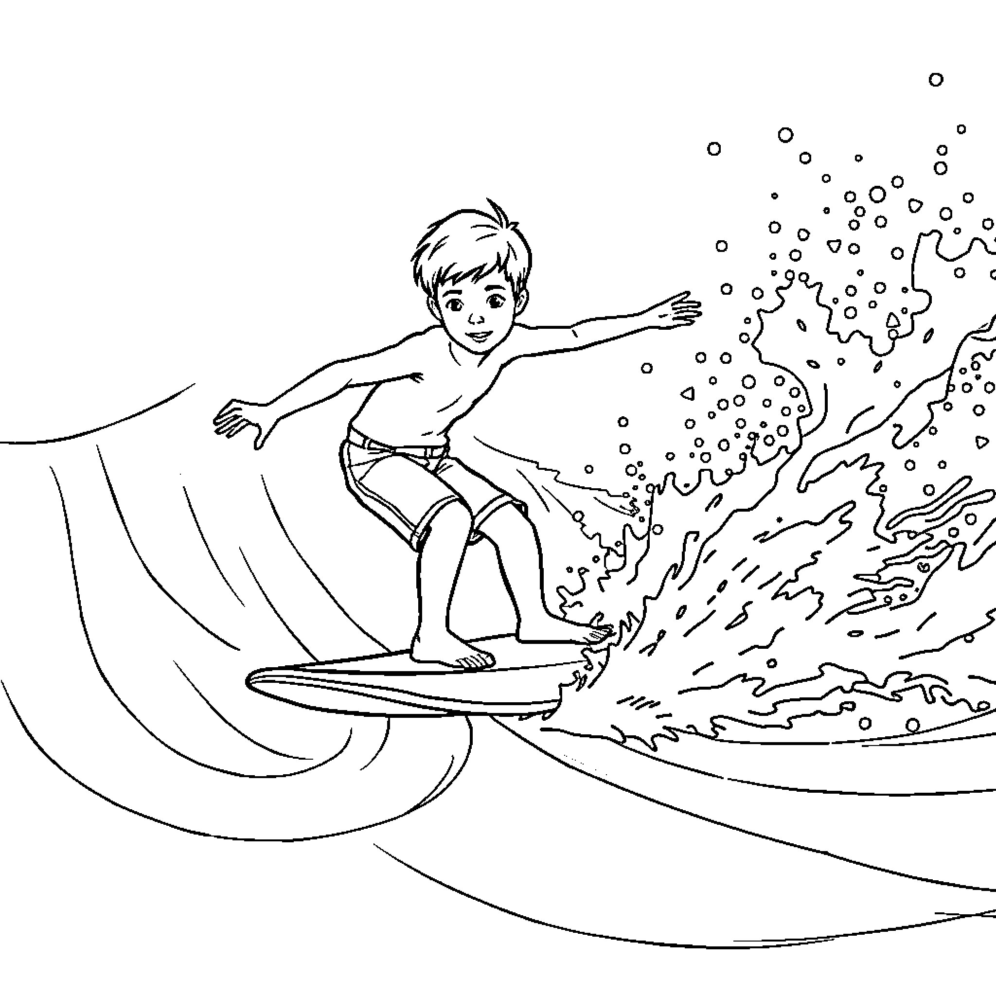Boy surfing through crashing waves Coloring Page (free black-and-white line drawing printable PDF for all, from beginners to advanced learners, including children, teens, adults, and seniors)