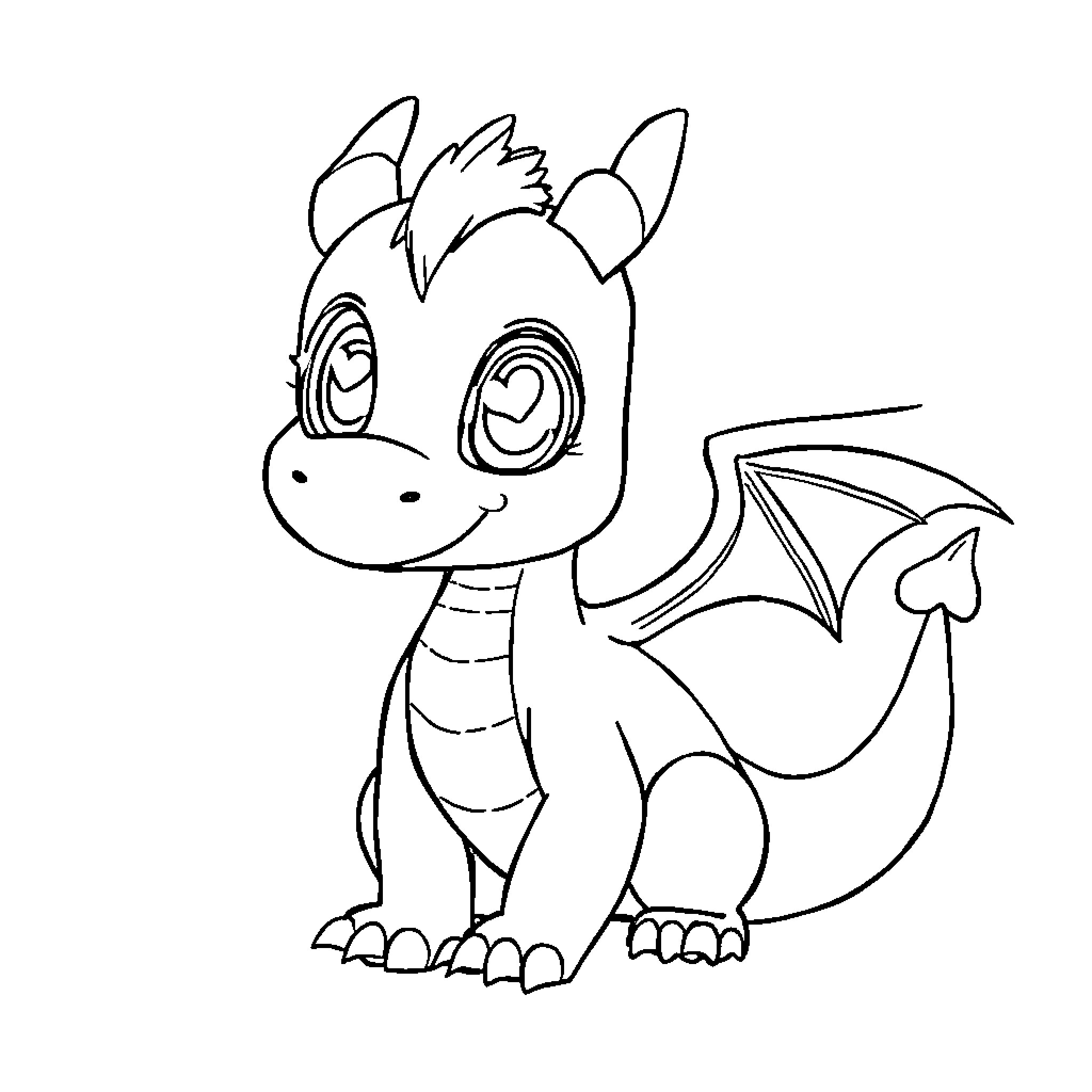 Dragon with Expressive Eyes and Playful Pose Coloring Page (free black-and-white line drawing printable PDF for all, from beginners to advanced learners, including children, teens, adults, and seniors)