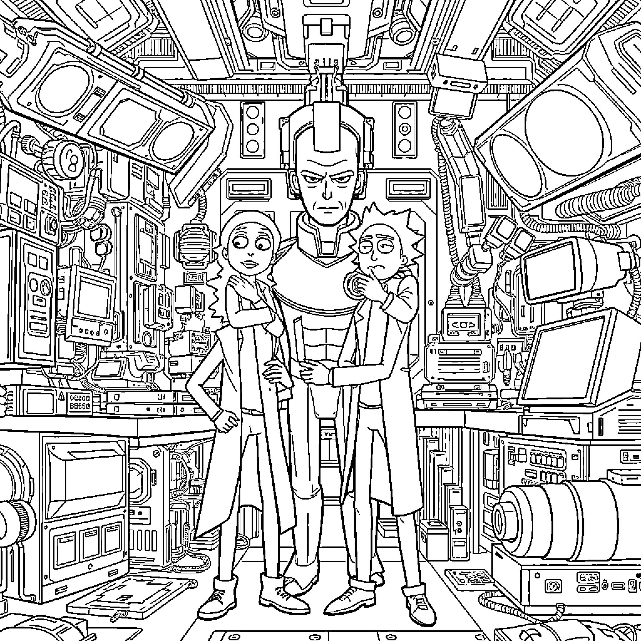 Rick And Morty in an intricately detailed spacecraft Coloring Page (free black-and-white line drawing printable PDF for all, from beginners to advanced learners, including children, teens, adults, and seniors)