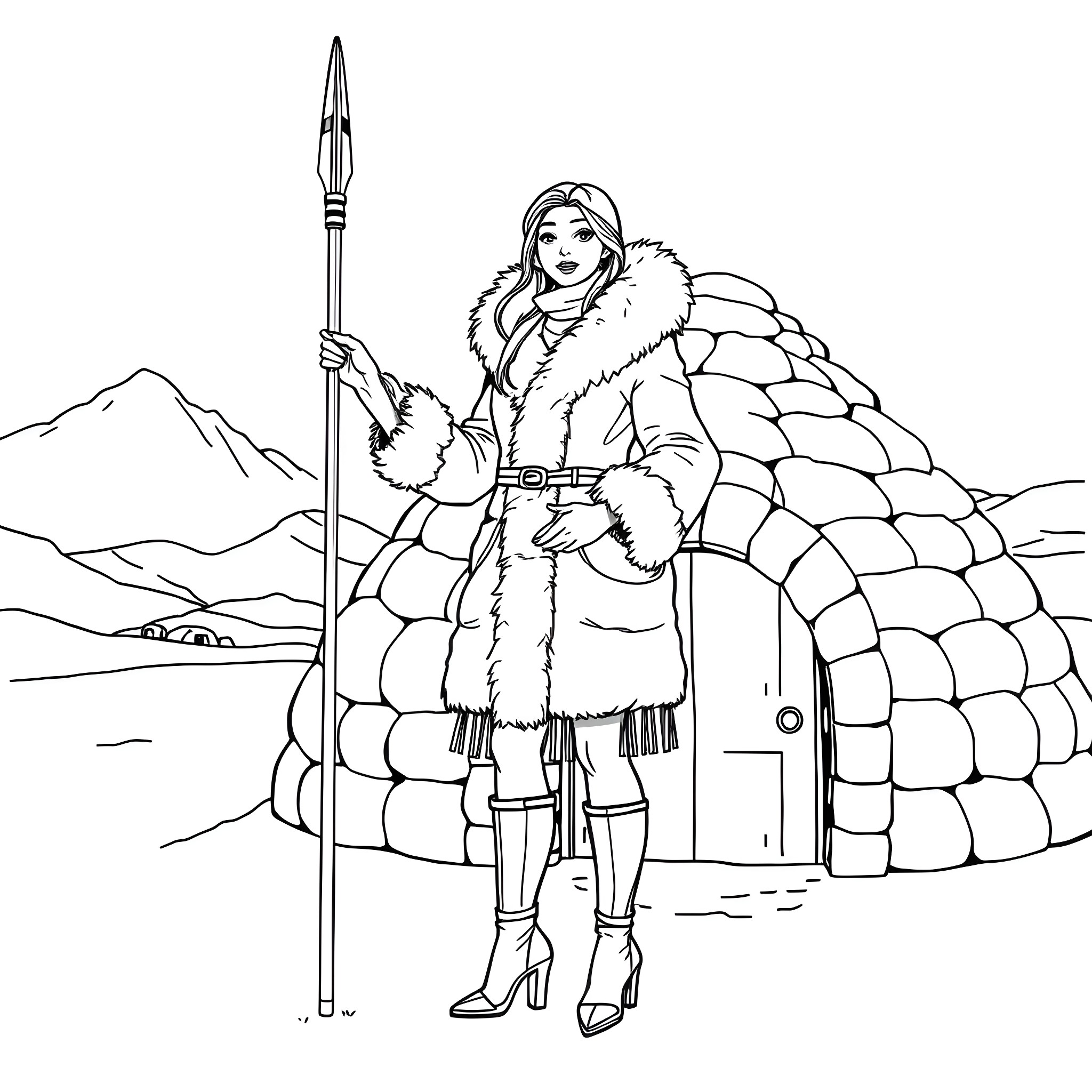 Eskimo woman with spear standing by igloo Coloring Page (free black-and-white line drawing printable PDF for all, from beginners to advanced learners, including children, teens, adults, and seniors)