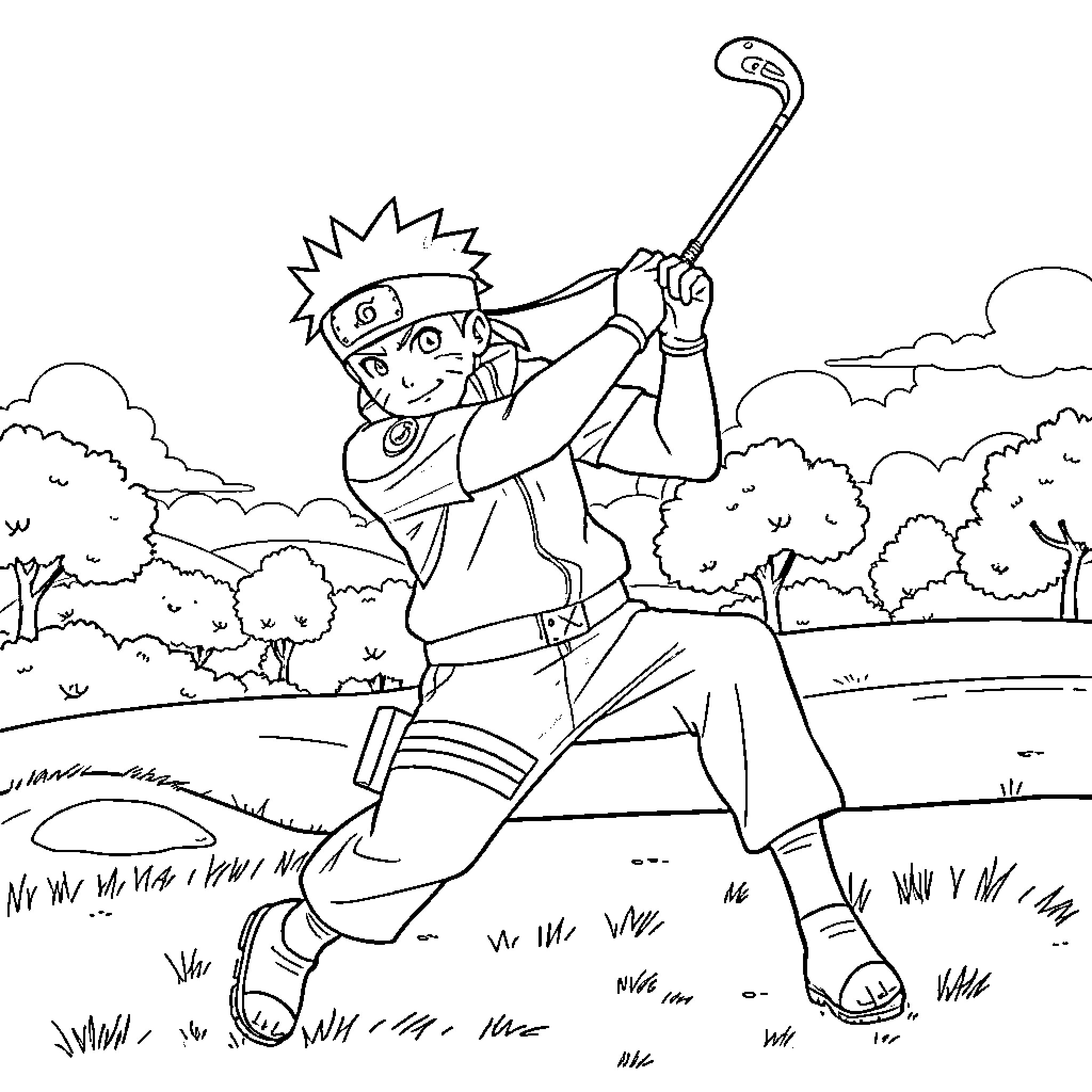 Naruto Unleashing Ninja Powers in Outdoor Adventure Coloring Page (free black-and-white line drawing printable PDF for all, from beginners to advanced learners, including children, teens, adults, and seniors)