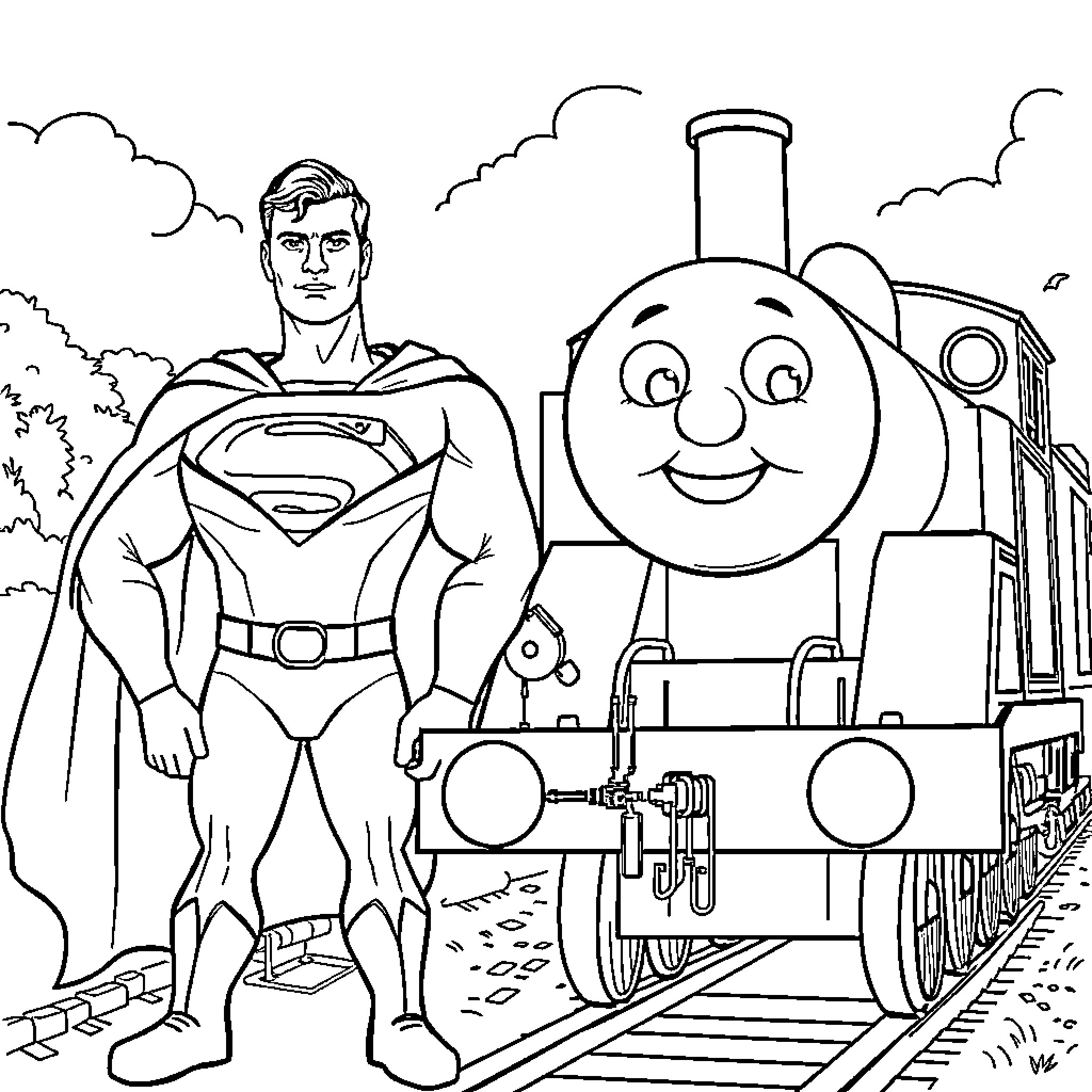Superman and Train Enjoy Scenic Railway Adventure Coloring Page (free black-and-white line drawing printable PDF for all, from beginners to advanced learners, including children, teens, adults, and seniors)