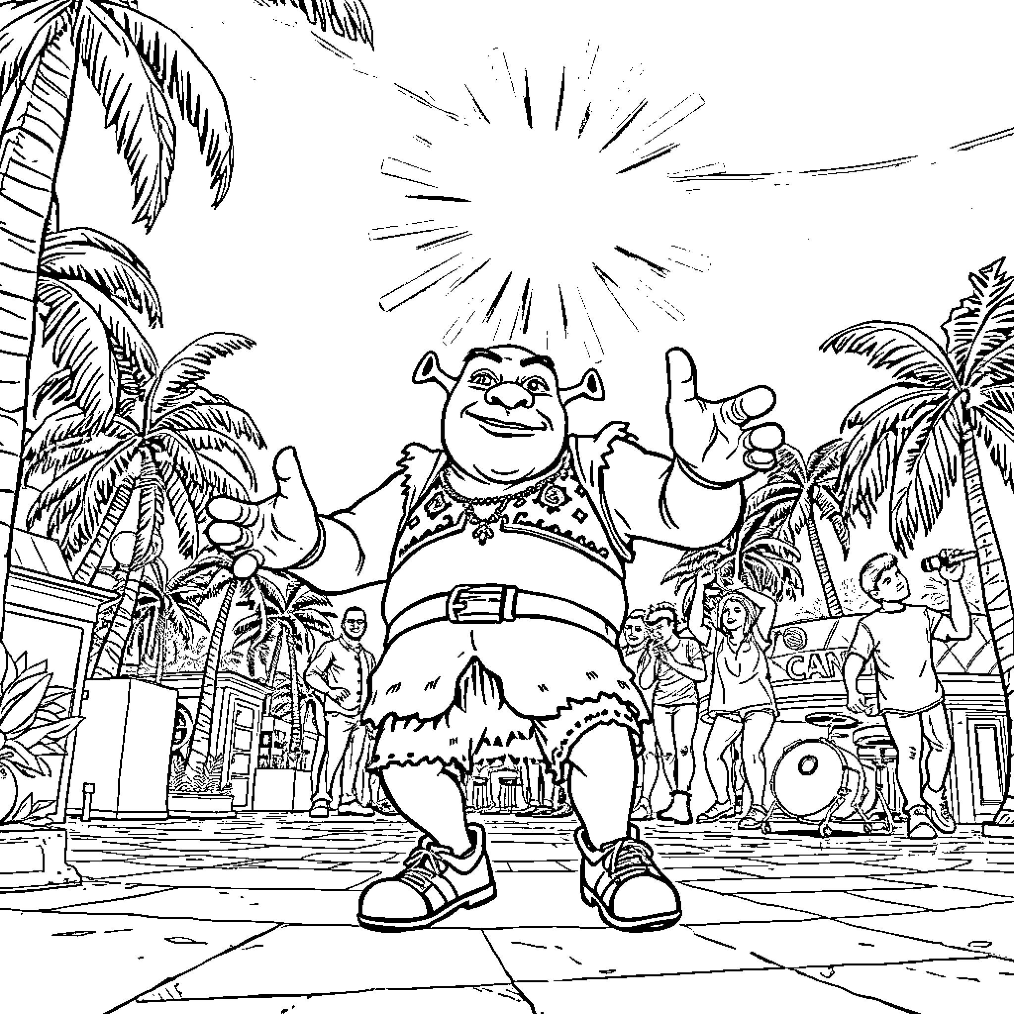 Shrek celebrates with tropical dance party Coloring Page (free black-and-white line drawing printable PDF for all, from beginners to advanced learners, including children, teens, adults, and seniors)