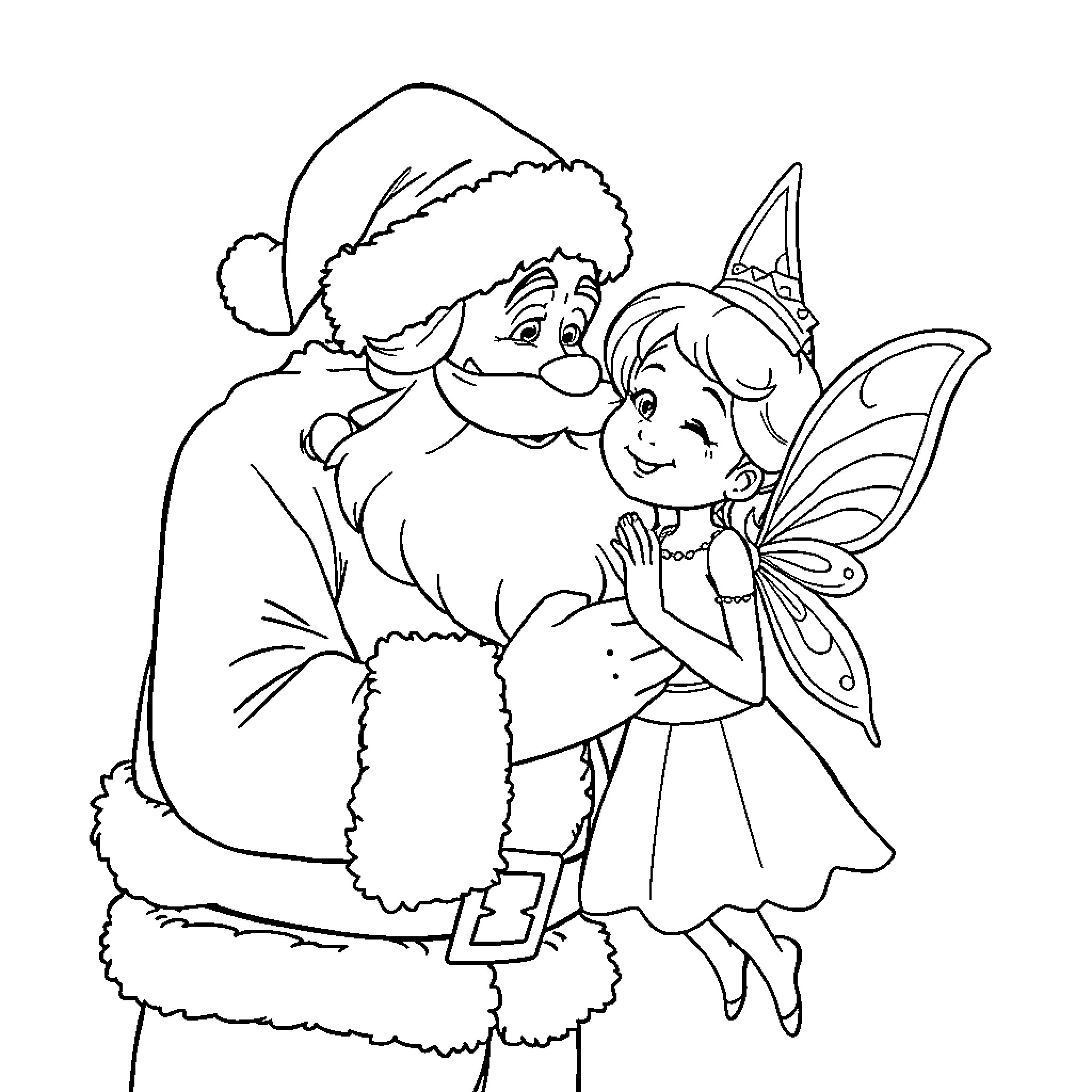 Santa Claus embracing fairy-like figure Coloring Page (free black-and-white line drawing printable PDF for all, from beginners to advanced learners, including children, teens, adults, and seniors)