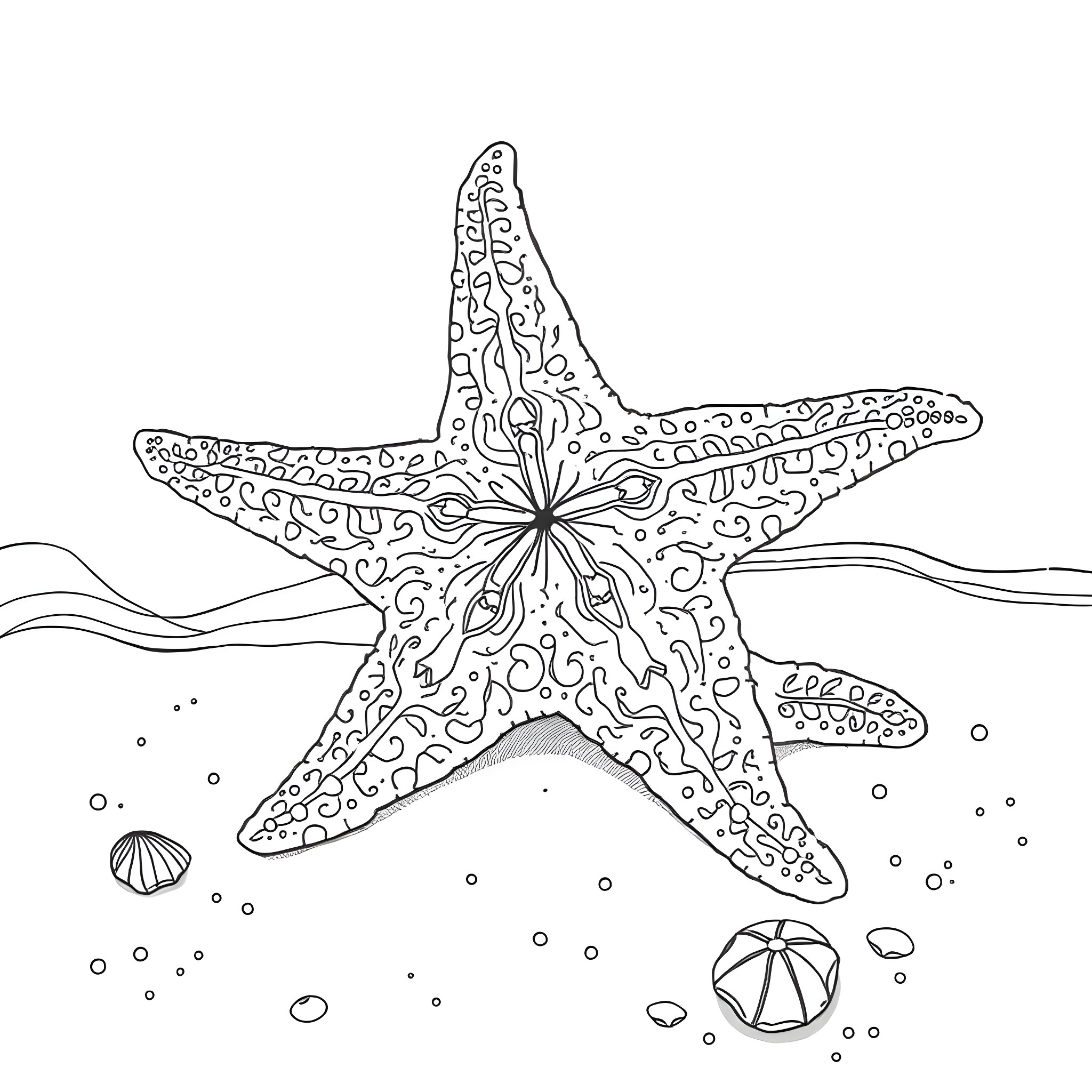 Starfish resting on the ocean floor Coloring Page (free black-and-white line drawing printable PDF for all, from beginners to advanced learners, including children, teens, adults, and seniors)