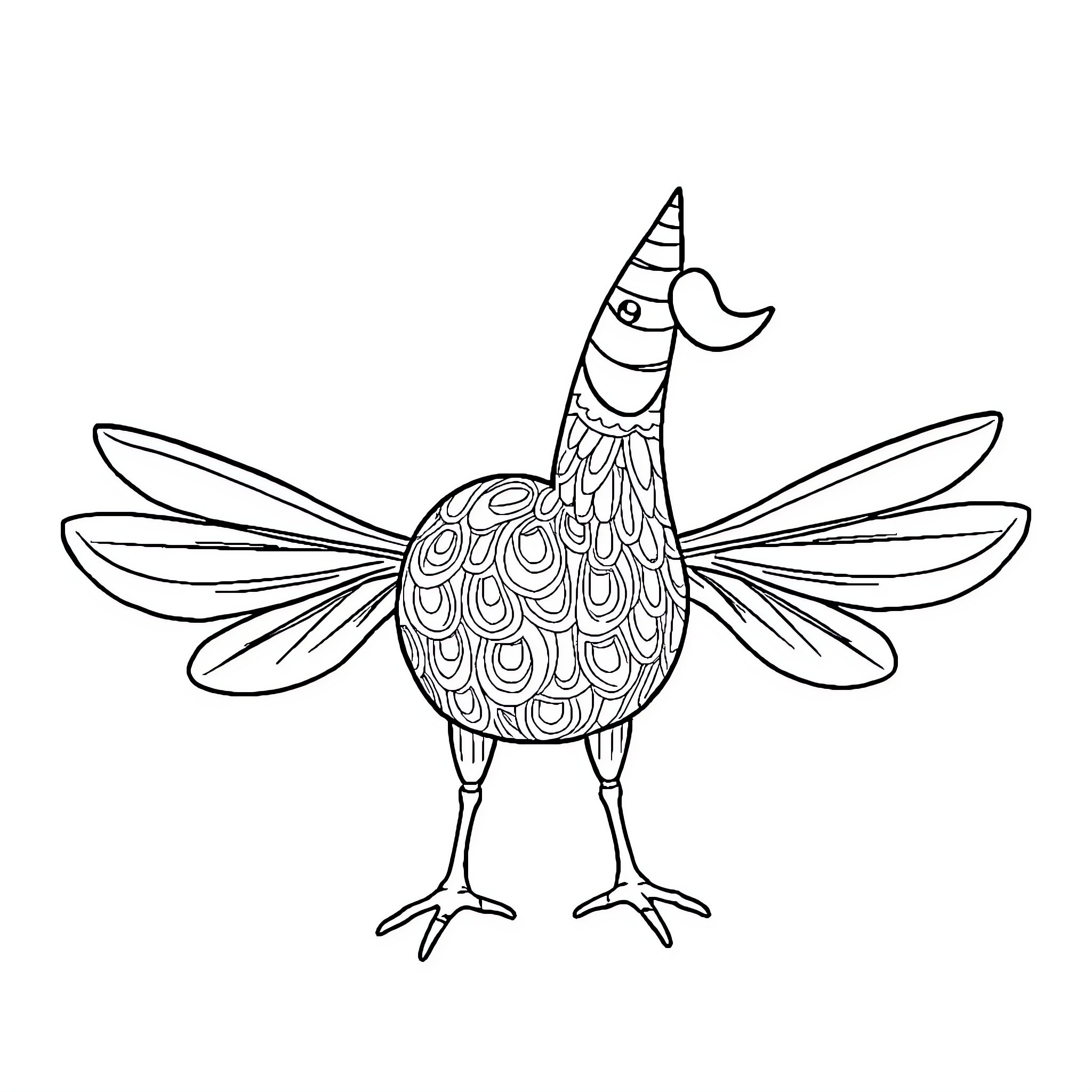 Image of a decorative bird with patterned feathers Coloring Page (free black-and-white line drawing printable PDF for all, from beginners to advanced learners, including children, teens, adults, and seniors)