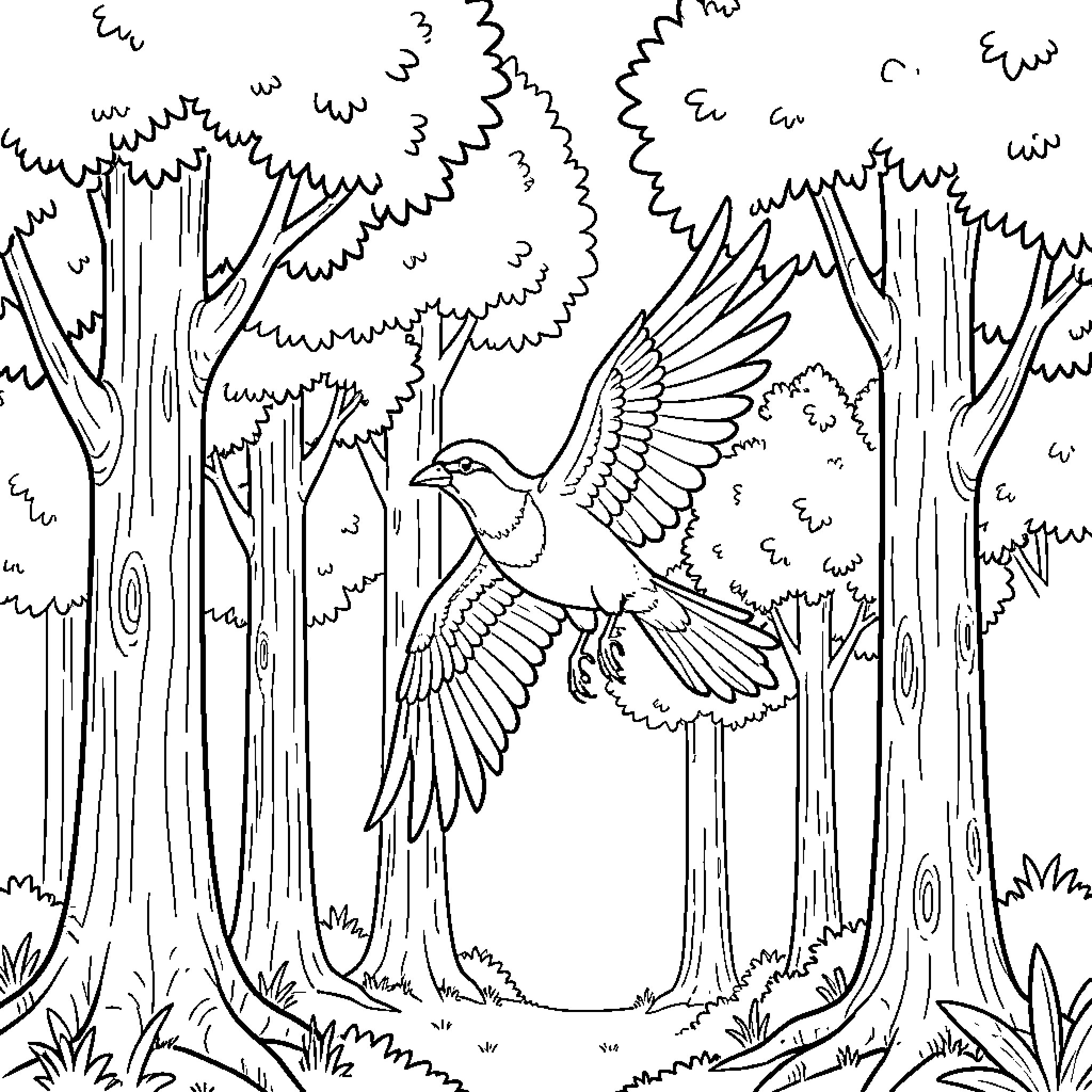 Bird soaring through the forest canopy Coloring Page (free black-and-white line drawing printable PDF for all, from beginners to advanced learners, including children, teens, adults, and seniors)
