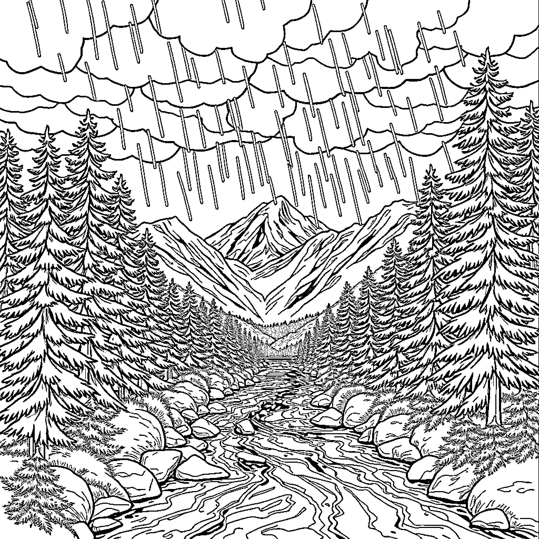 Mountain landscape with flowing river and pine trees Coloring Page (free black-and-white line drawing printable PDF for all, from beginners to advanced learners, including children, teens, adults, and seniors)