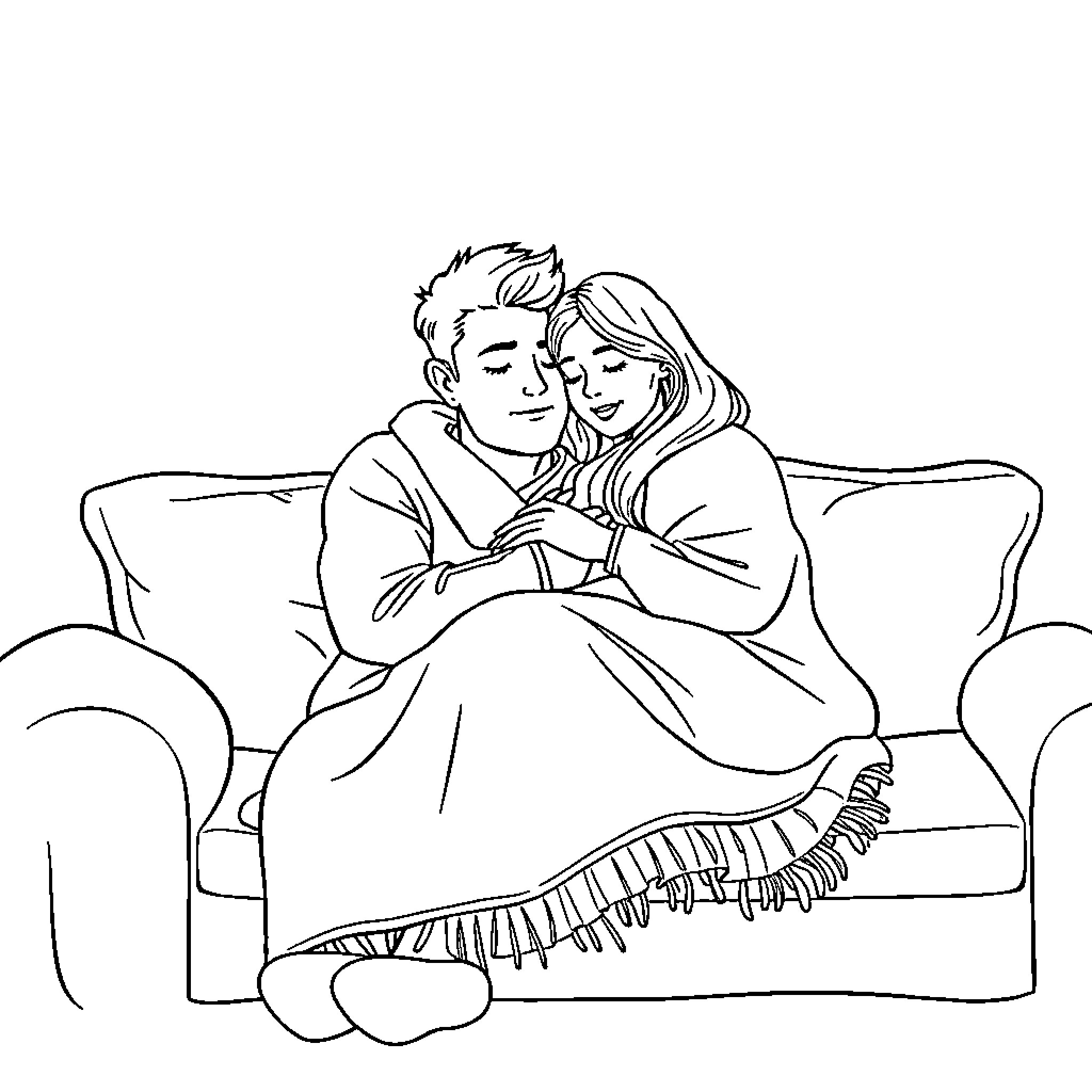 Couple enjoying a cozy moment on the sofa Coloring Page (free black-and-white line drawing printable PDF for all, from beginners to advanced learners, including children, teens, adults, and seniors)