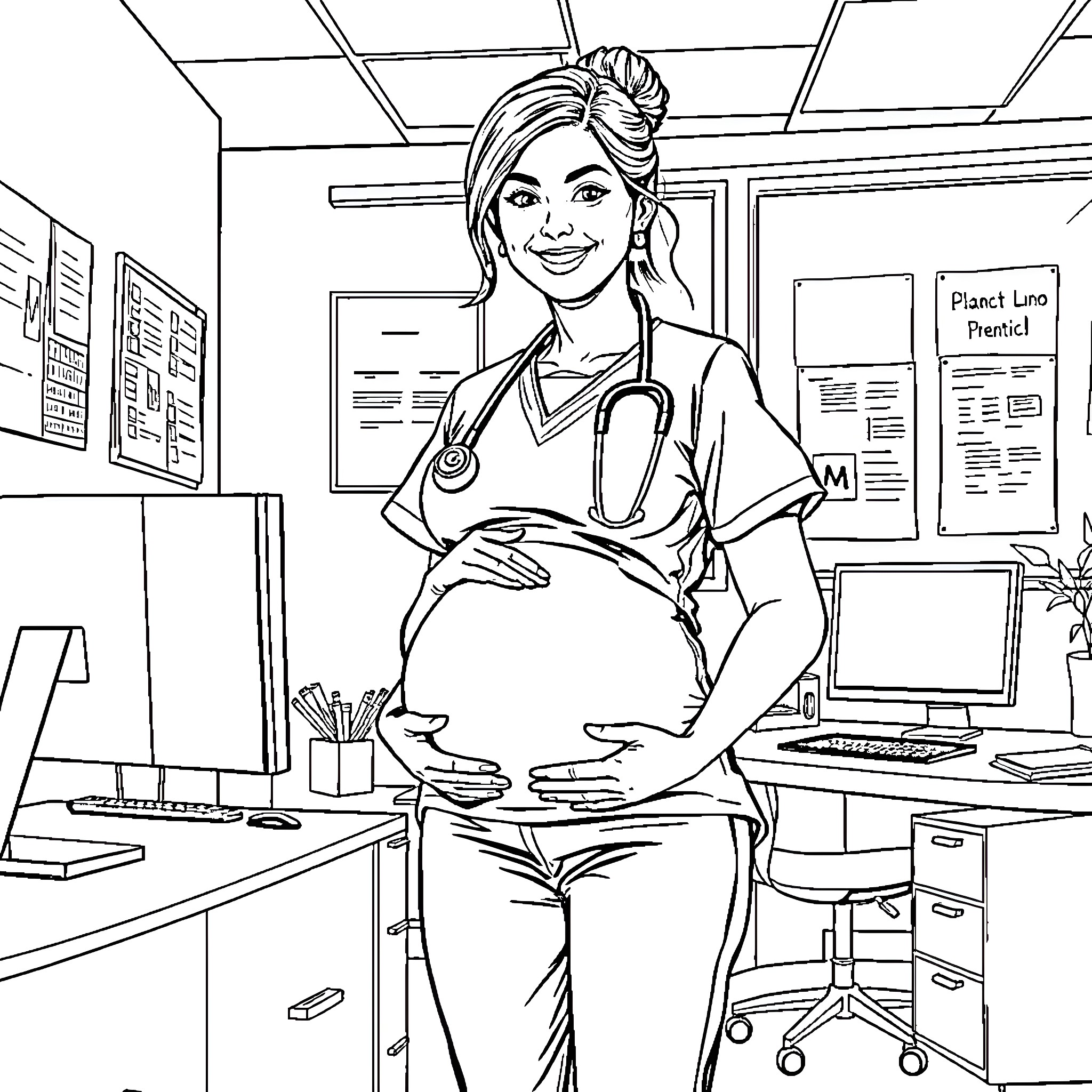 Doctor smiling in medical office Coloring Page (free black-and-white line drawing printable PDF for all, from beginners to advanced learners, including children, teens, adults, and seniors)