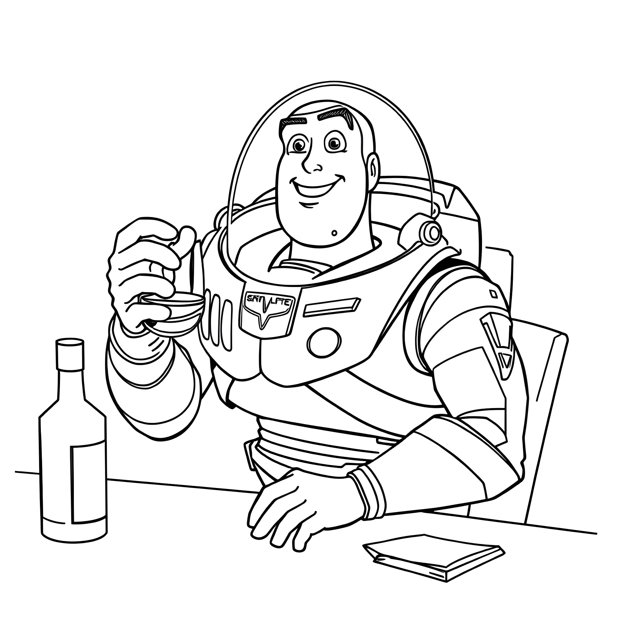 Buzz Lightyear enjoying a drink after a space adventure Coloring Page (free black-and-white line drawing printable PDF for all, from beginners to advanced learners, including children, teens, adults, and seniors)