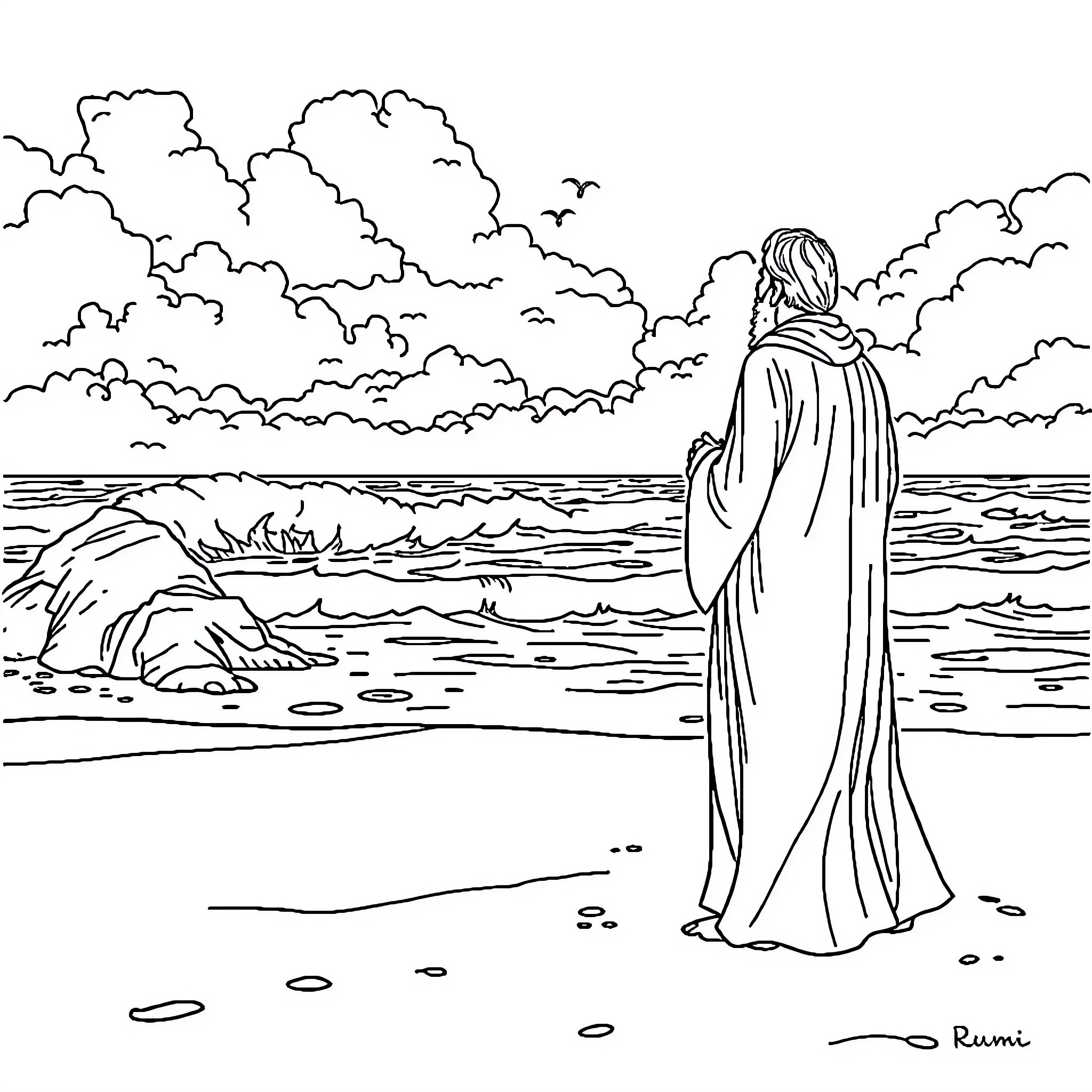 Rumi contemplating the vast ocean landscape Coloring Page (free black-and-white line drawing printable PDF for all, from beginners to advanced learners, including children, teens, adults, and seniors)