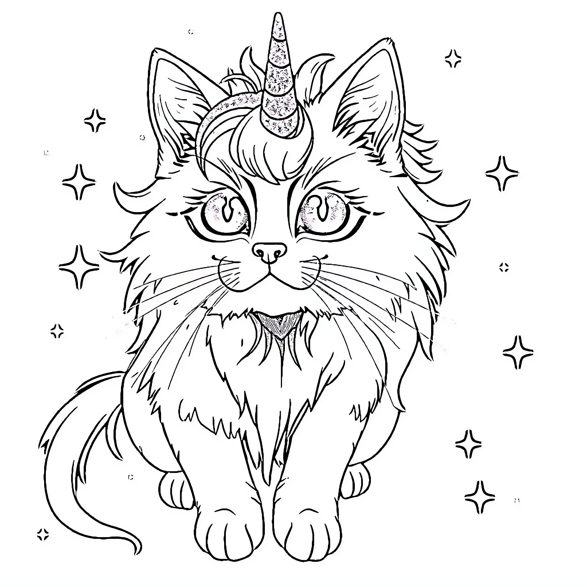 Unicorn Cat gazing amidst the starry sky Coloring Page (free black-and-white line drawing printable PDF for all, from beginners to advanced learners, including children, teens, adults, and seniors)