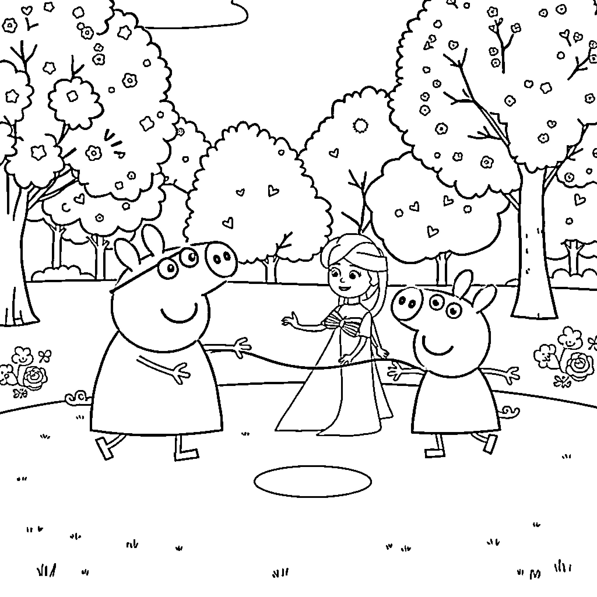 Peppa Pig and friends enjoying outdoor activities Coloring Page (free black-and-white line drawing printable PDF for all, from beginners to advanced learners, including children, teens, adults, and seniors)