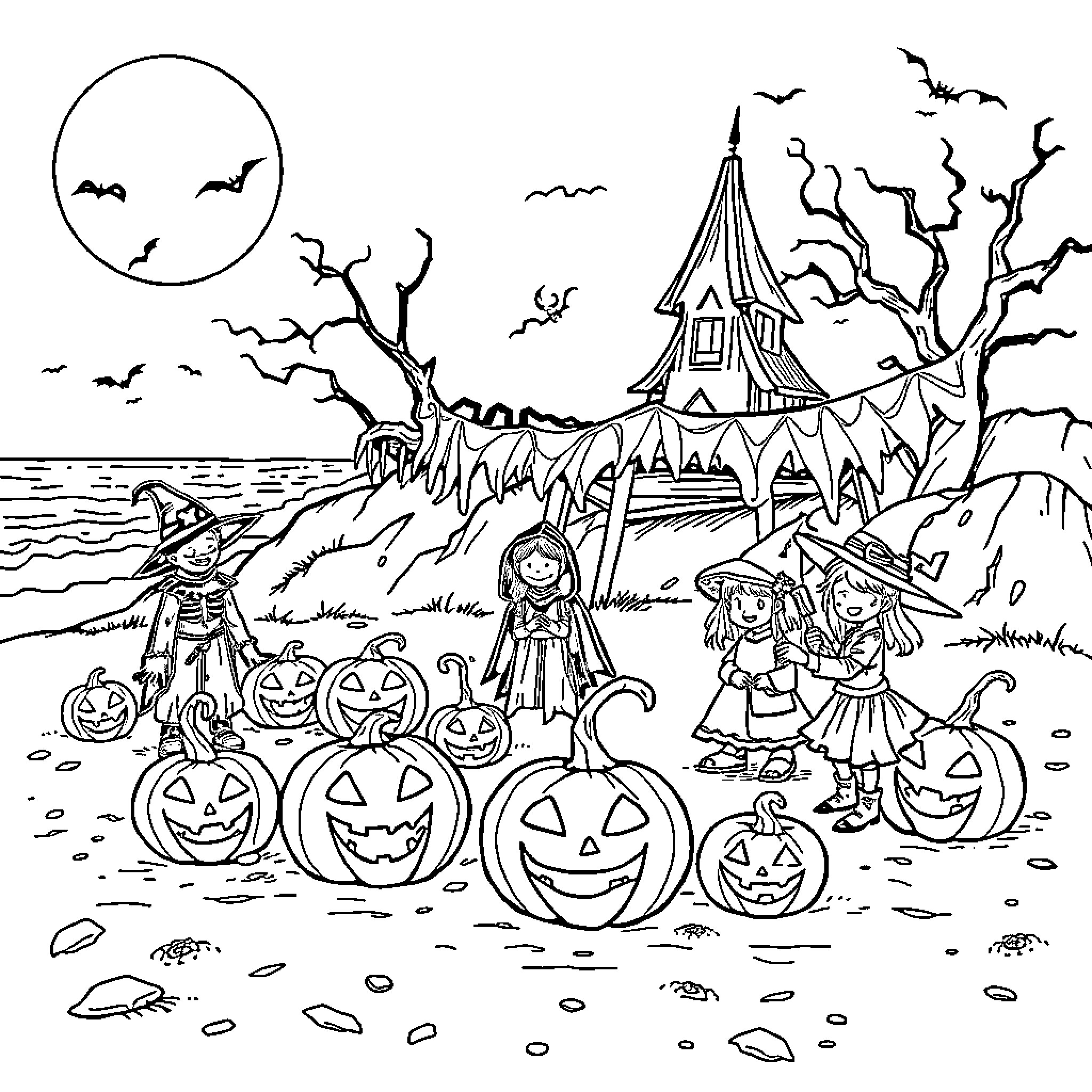 Halloween Spooky Characters in Festive Scene Coloring Page (free black-and-white line drawing printable PDF for all, from beginners to advanced learners, including children, teens, adults, and seniors)