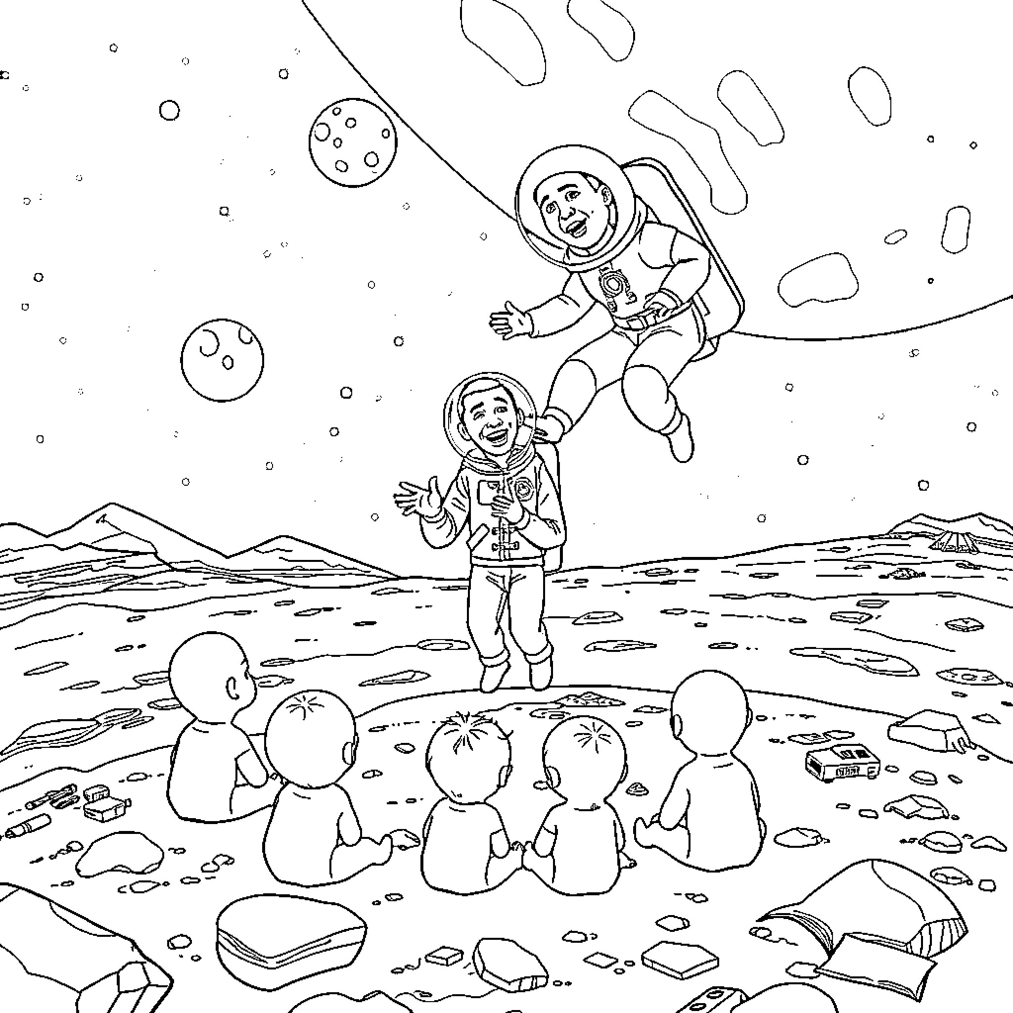 Obama astronauts exploring the lunar surface Coloring Page (free black-and-white line drawing printable PDF for all, from beginners to advanced learners, including children, teens, adults, and seniors)