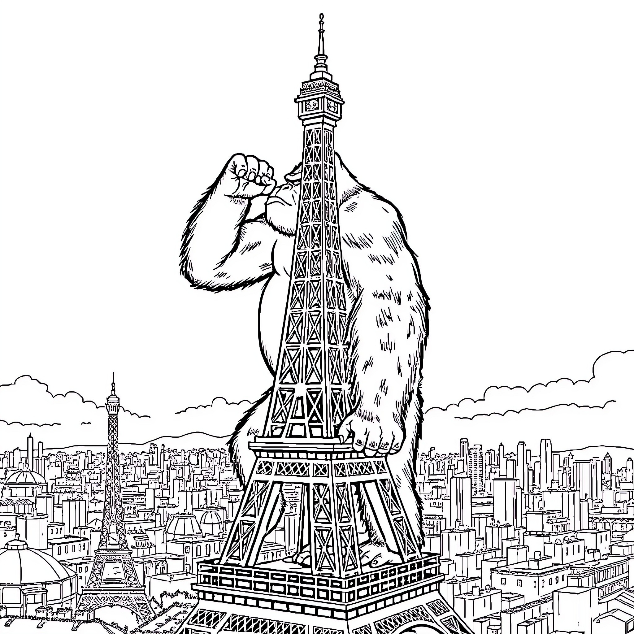 King Kong scaling the Eiffel Tower over Paris skyline Coloring Page (free black-and-white line drawing printable PDF for all, from beginners to advanced learners, including children, teens, adults, and seniors)