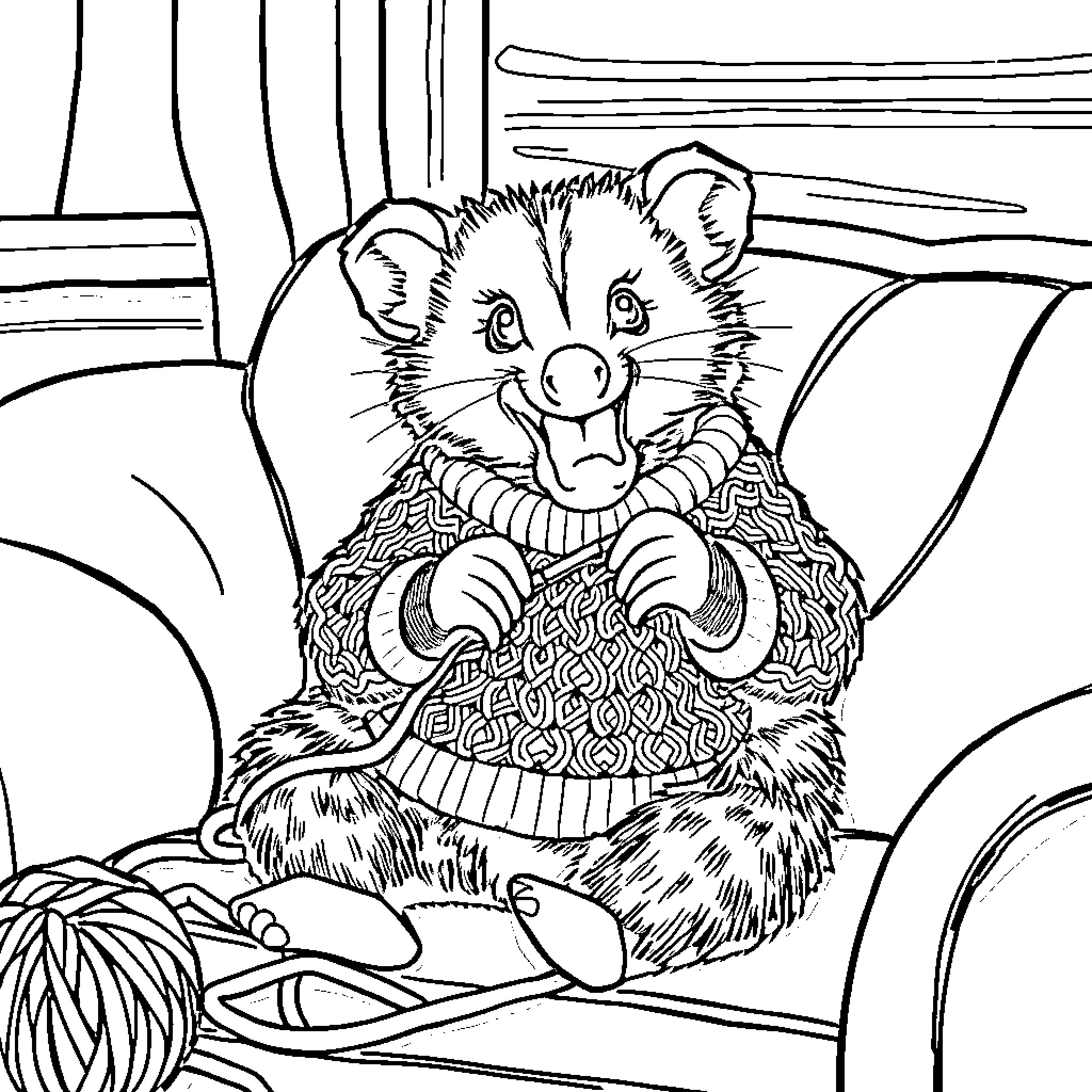 Opossum relaxing in a cozy armchair Coloring Page (free black-and-white line drawing printable PDF for all, from beginners to advanced learners, including children, teens, adults, and seniors)