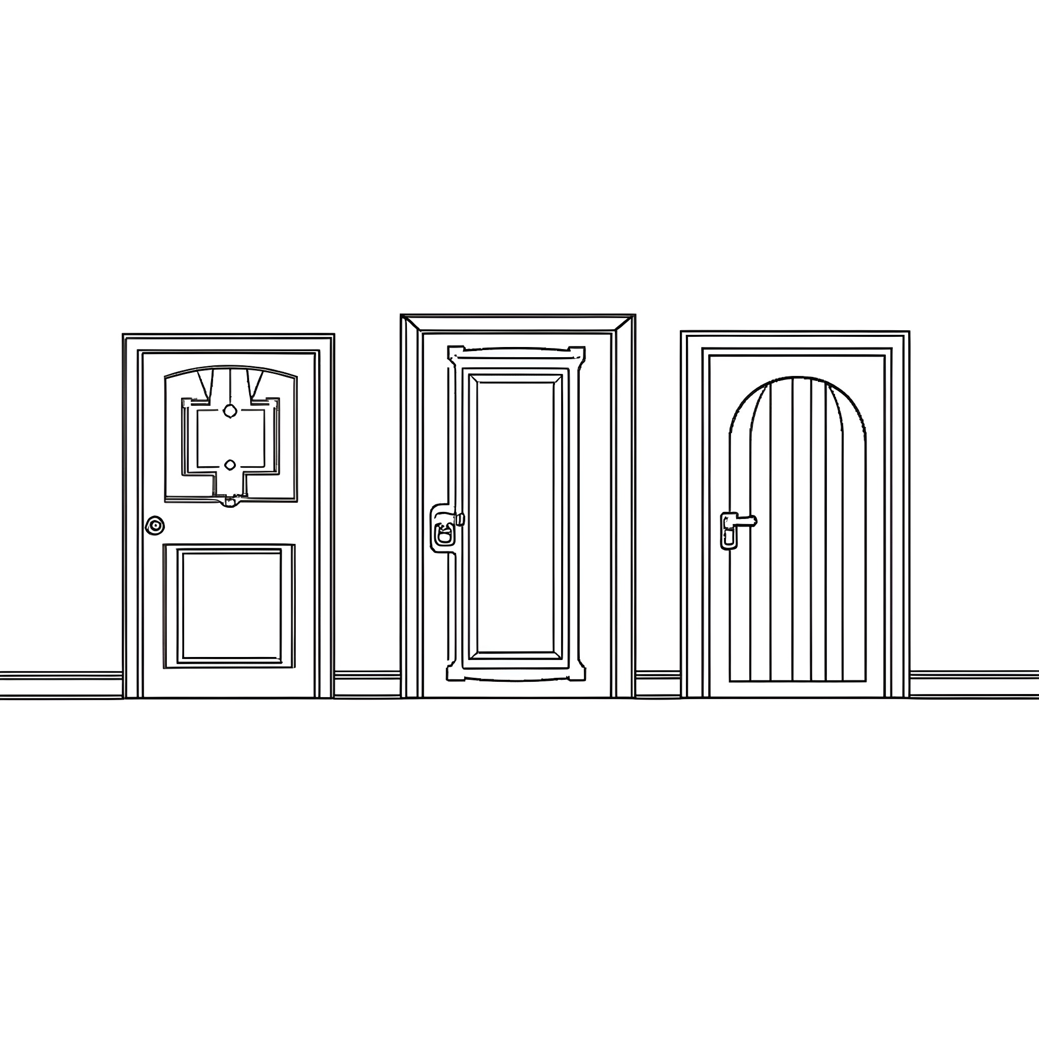Roblox characters in various door designs Coloring Page (free black-and-white line drawing printable PDF for all, from beginners to advanced learners, including children, teens, adults, and seniors)