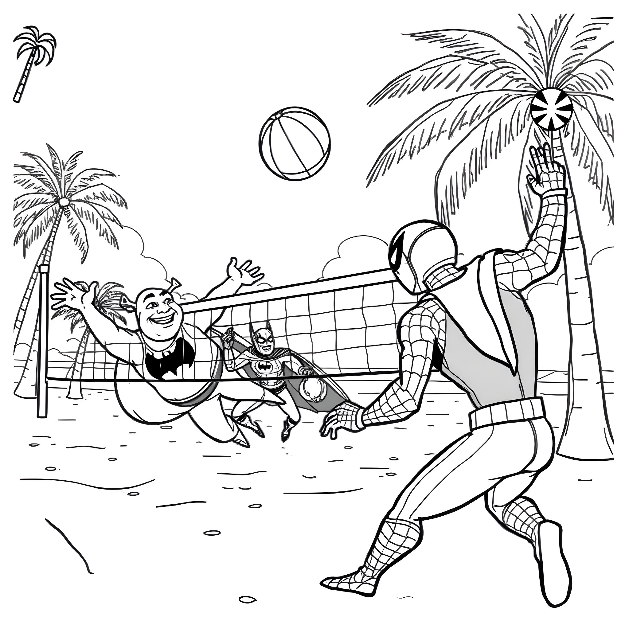Shrek and friends playing volleyball on the beach Coloring Page (free black-and-white line drawing printable PDF for all, from beginners to advanced learners, including children, teens, adults, and seniors)