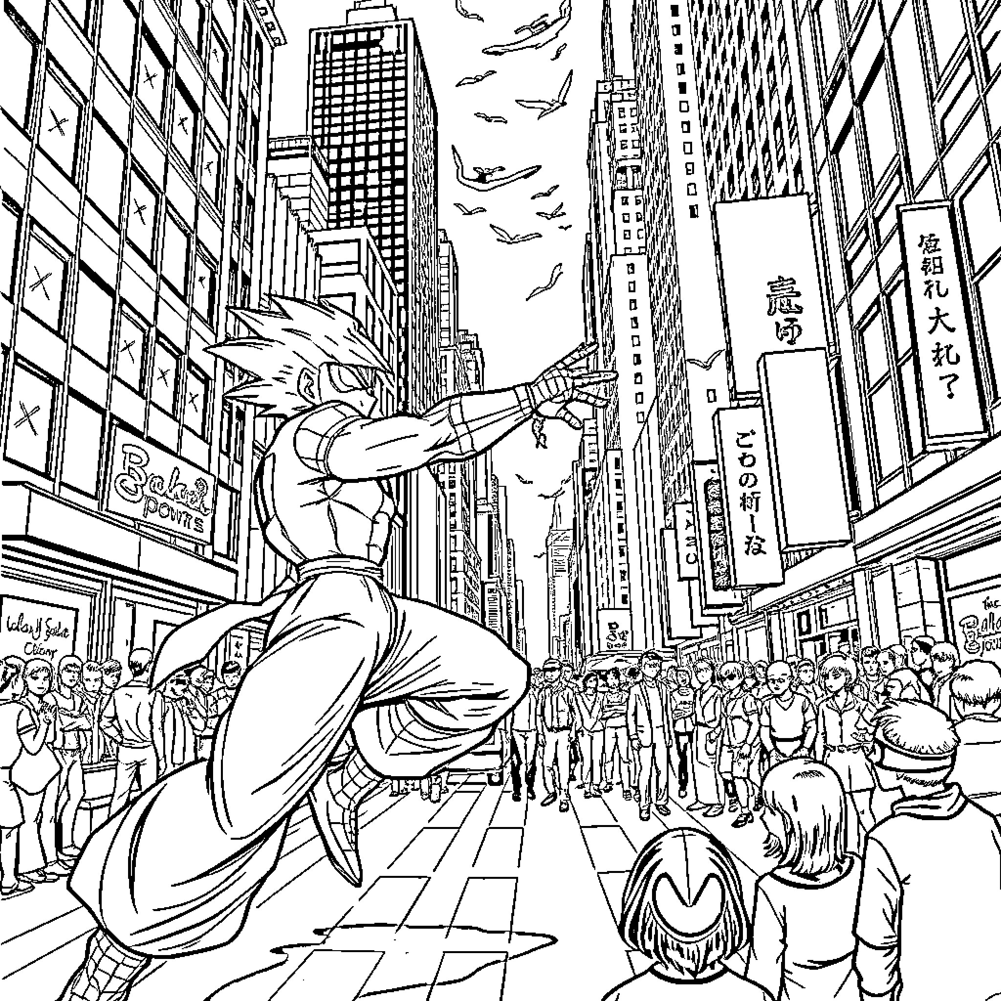 Android 18 in action-packed city scene Coloring Page (free black-and-white line drawing printable PDF for all, from beginners to advanced learners, including children, teens, adults, and seniors)