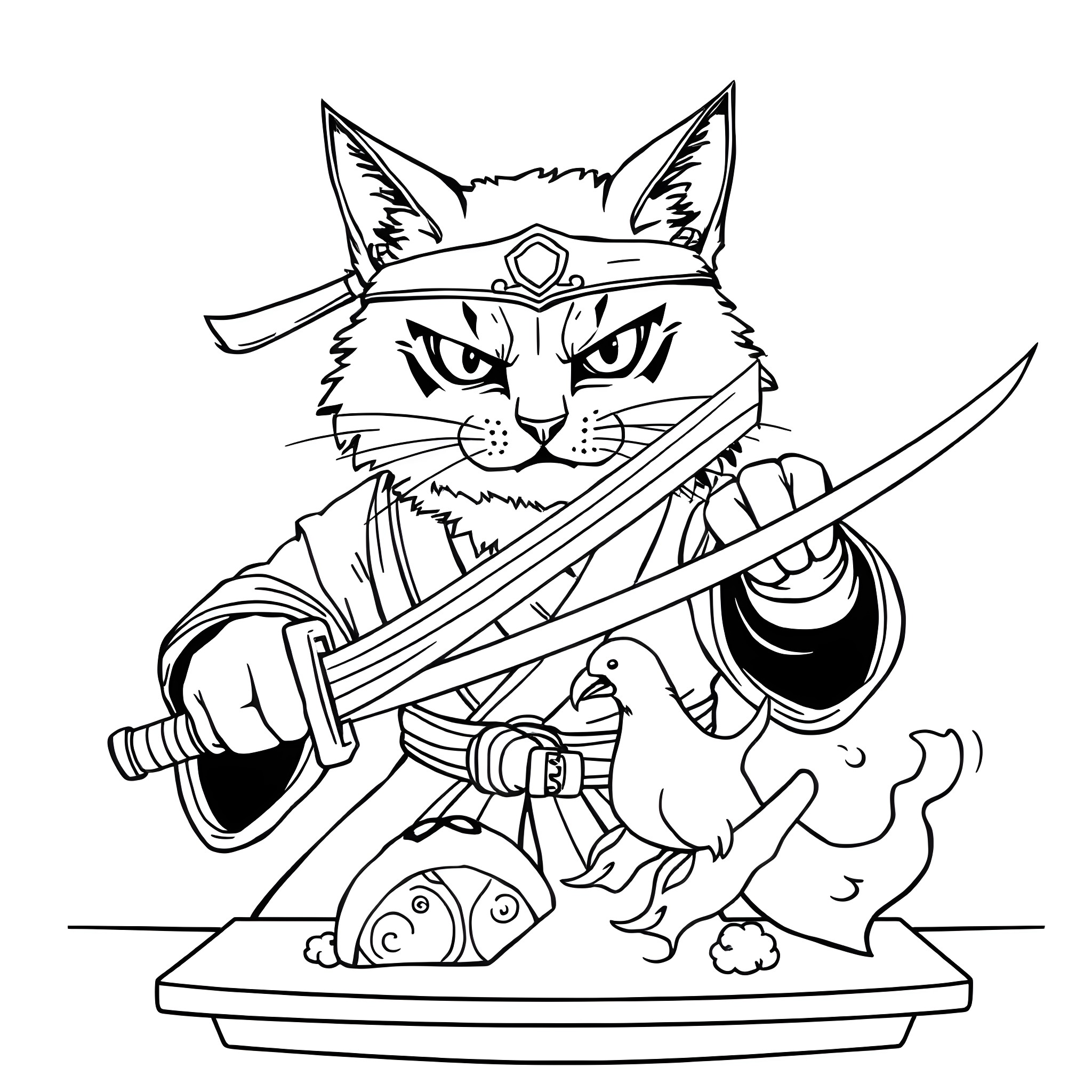 Cat warrior with sword and shield Coloring Page (free black-and-white line drawing printable PDF for all, from beginners to advanced learners, including children, teens, adults, and seniors)