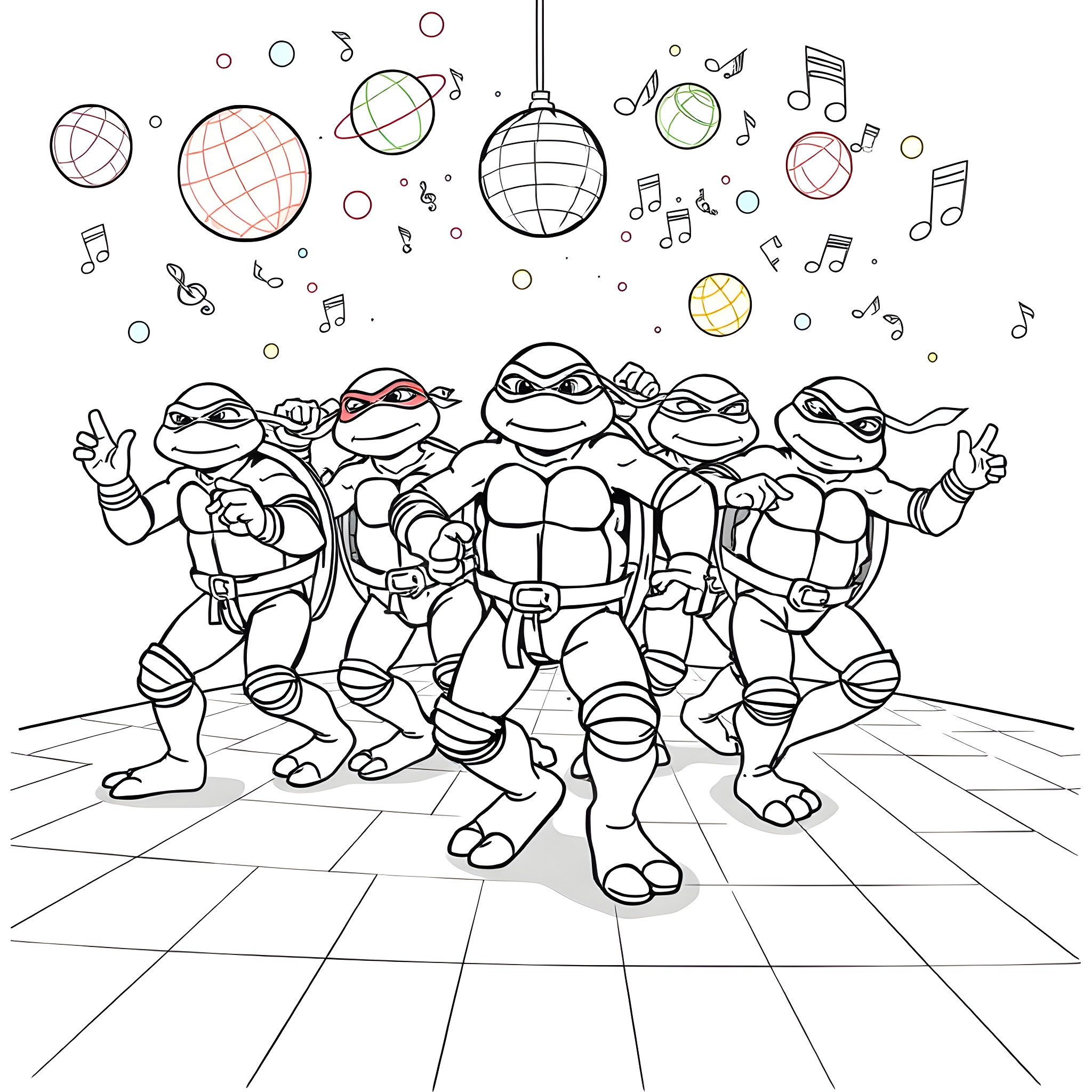 Teenage Mutant Ninja Turtles dancing and posing on stage Coloring Page (free black-and-white line drawing printable PDF for all, from beginners to advanced learners, including children, teens, adults, and seniors)