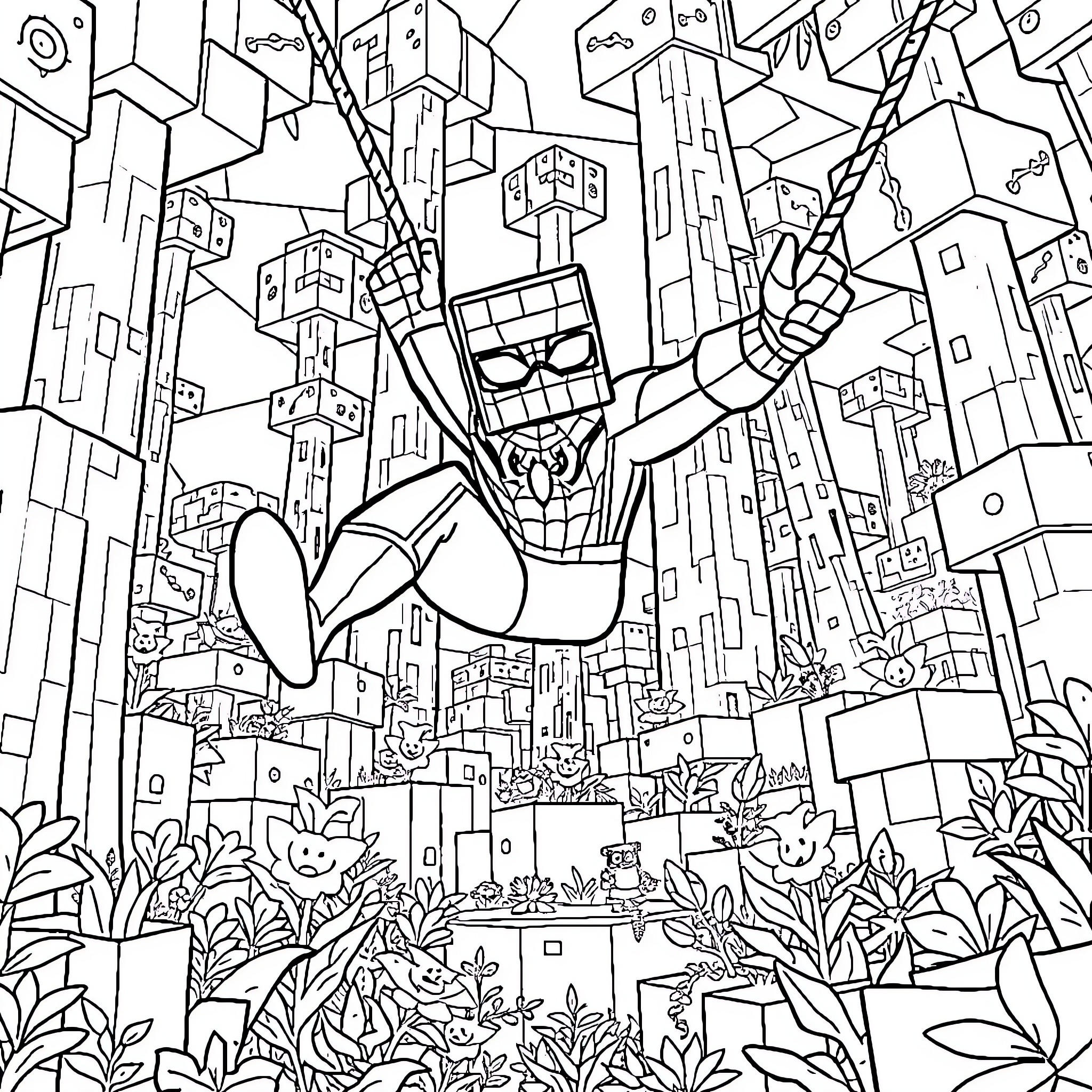 Spiderman Swinging through the Vibrant City Landscape Coloring Page (free black-and-white line drawing printable PDF for all, from beginners to advanced learners, including children, teens, adults, and seniors)