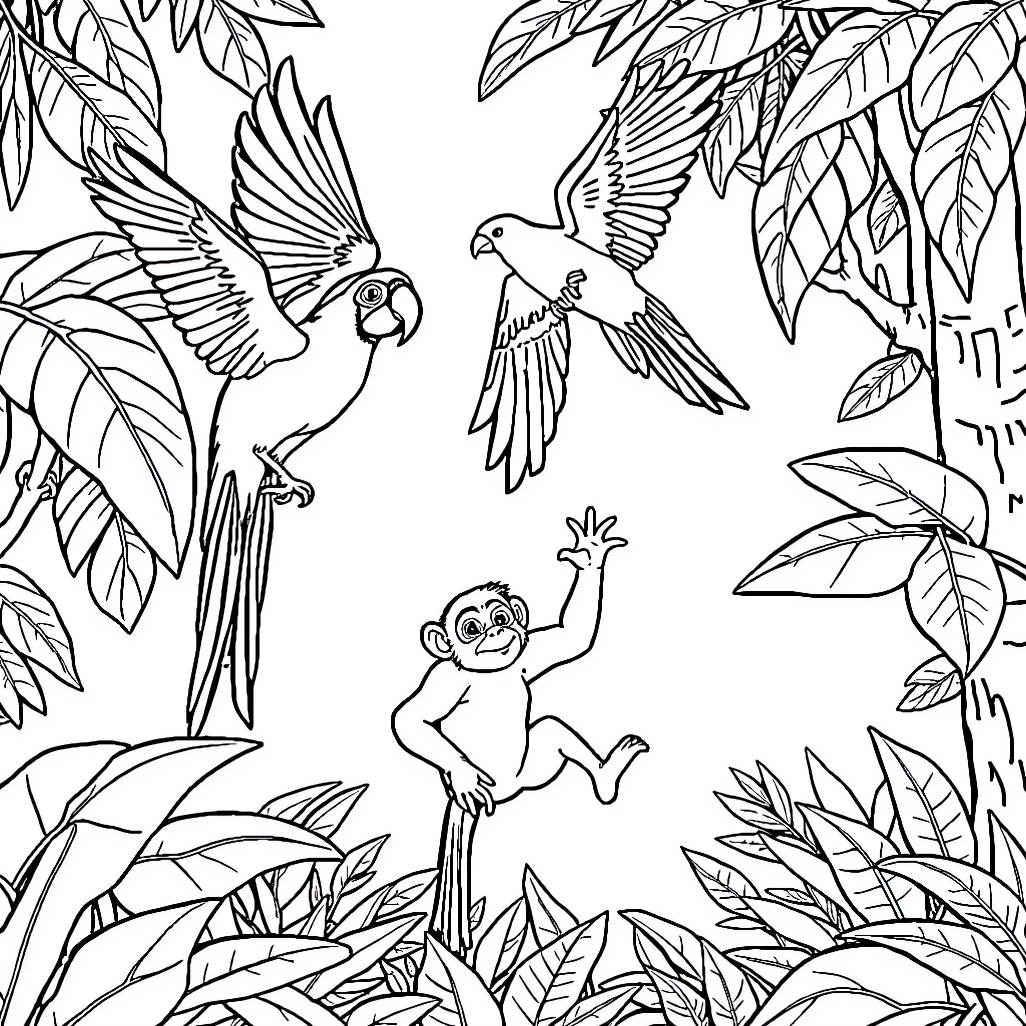 Animal Parrots and Monkey in Tropical Jungle Coloring Page (free black-and-white line drawing printable PDF for all, from beginners to advanced learners, including children, teens, adults, and seniors)