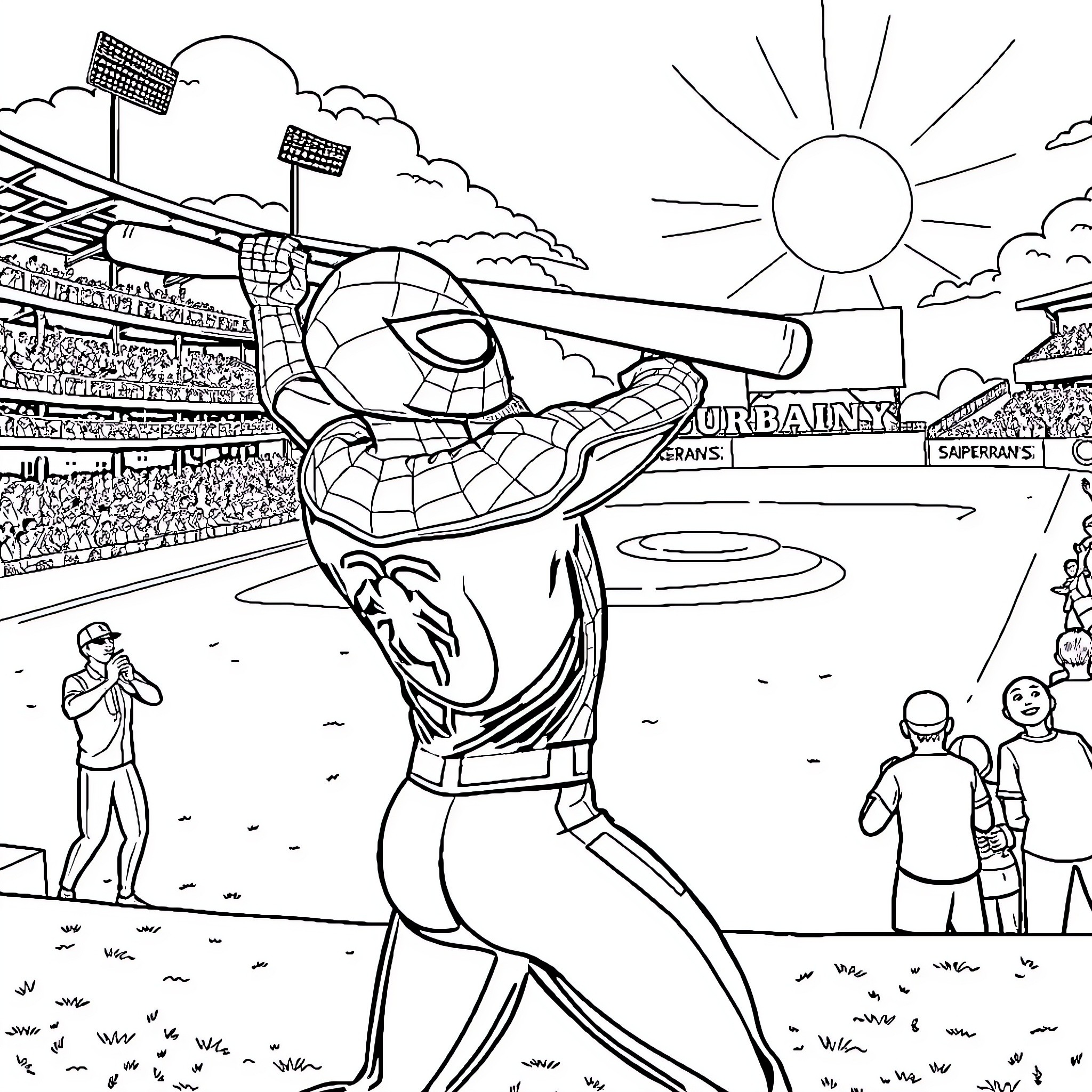 Spider-Man batting in a baseball stadium Coloring Page (free black-and-white line drawing printable PDF for all, from beginners to advanced learners, including children, teens, adults, and seniors)