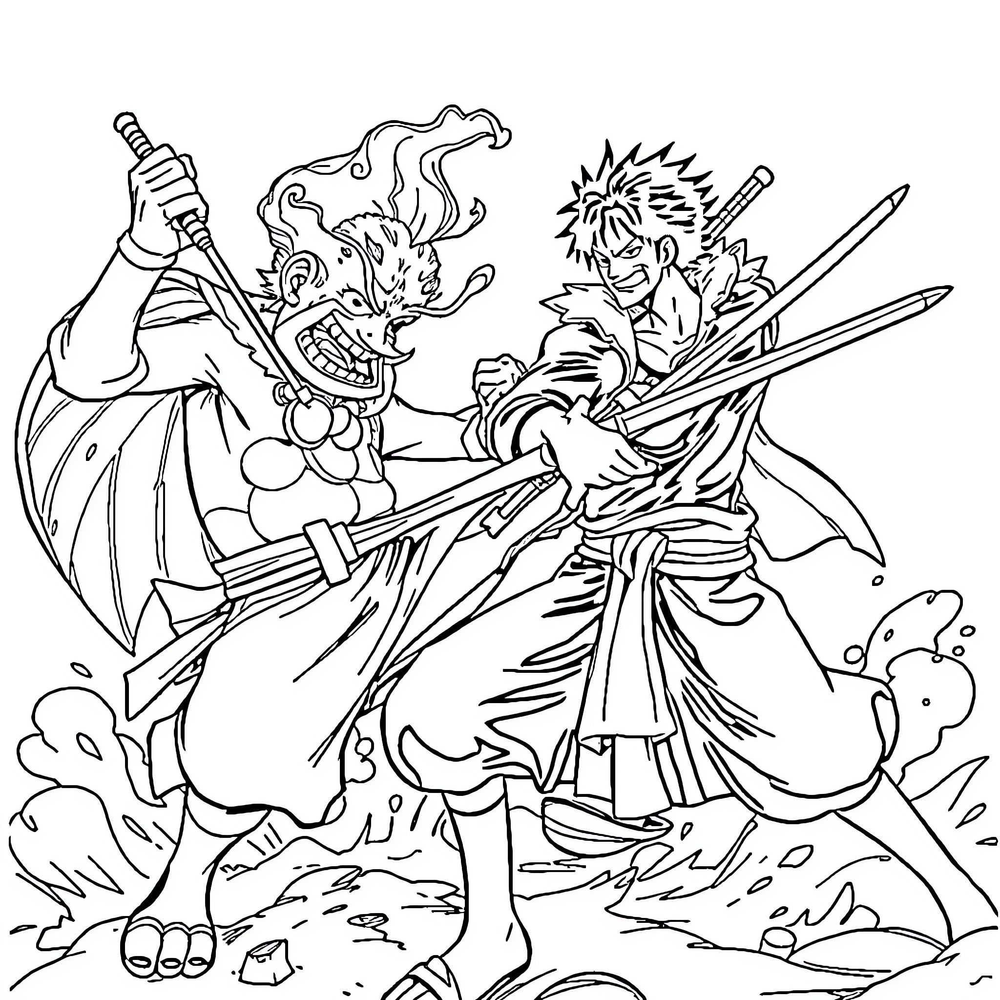 Jinbei warriors in fierce battle with swords and flames Coloring Page (free black-and-white line drawing printable PDF for all, from beginners to advanced learners, including children, teens, adults, and seniors)