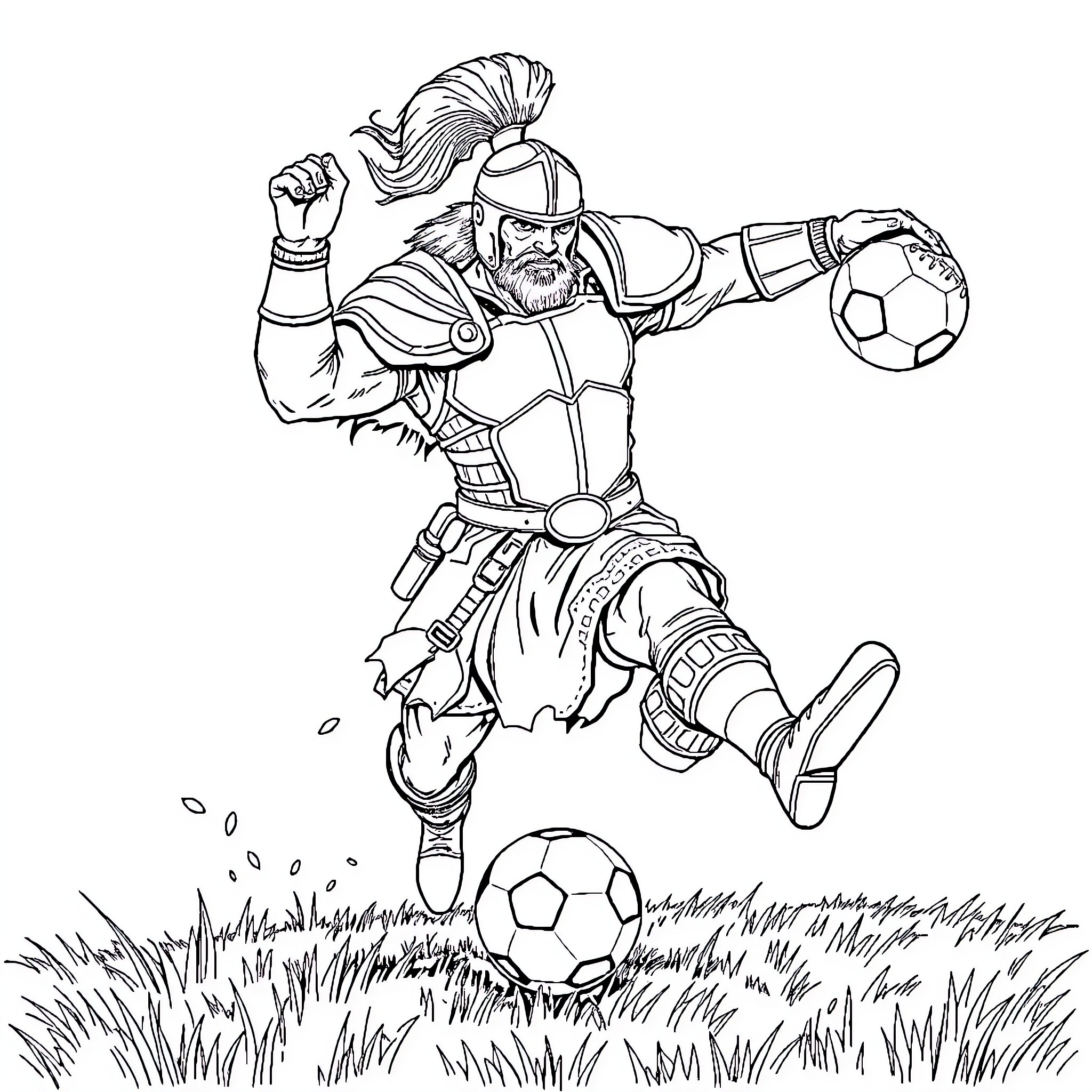 Warrior soccer player kicking ball on field Coloring Page (free black-and-white line drawing printable PDF for all, from beginners to advanced learners, including children, teens, adults, and seniors)