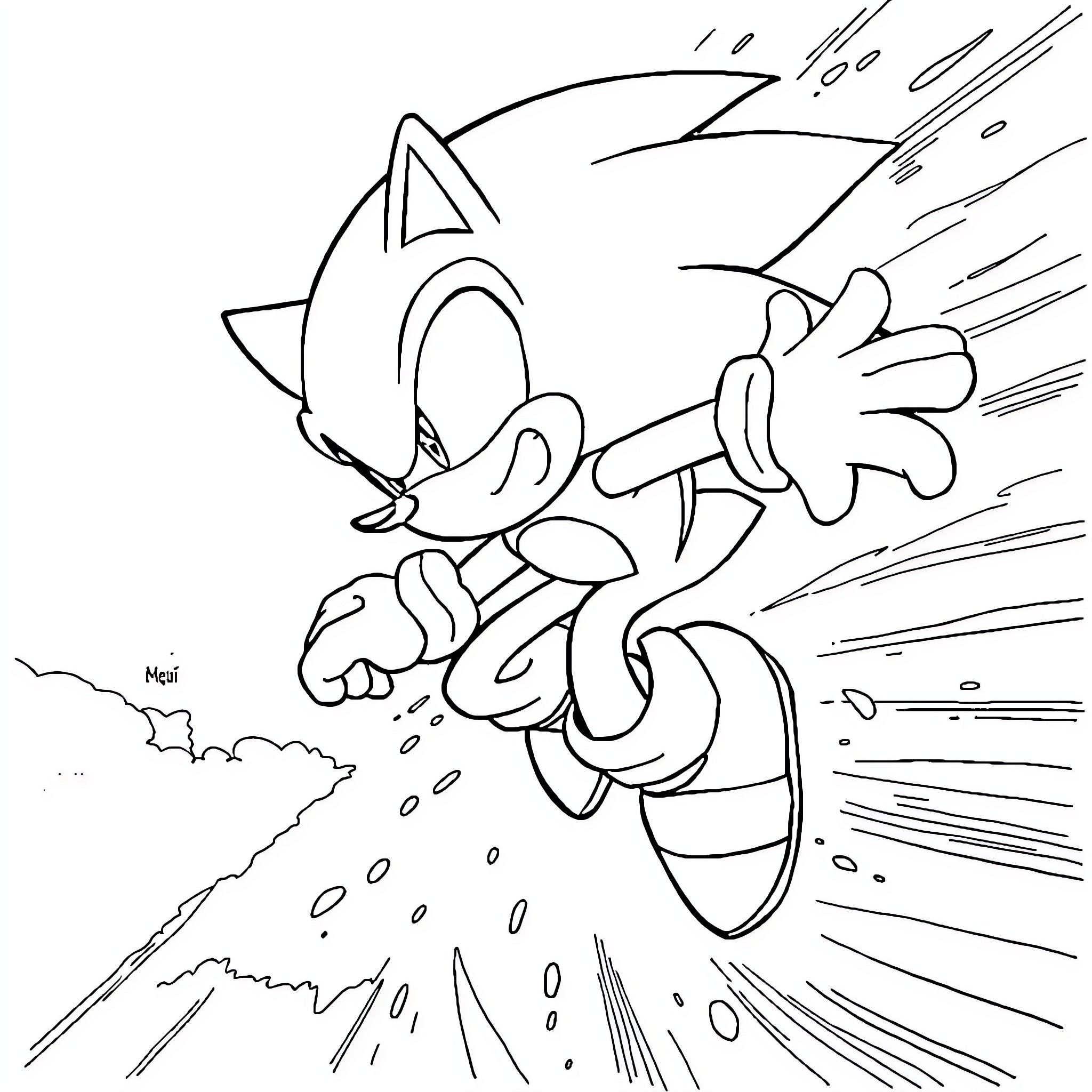 Metal Sonic speeding through the environment Coloring Page (free black-and-white line drawing printable PDF for all, from beginners to advanced learners, including children, teens, adults, and seniors)