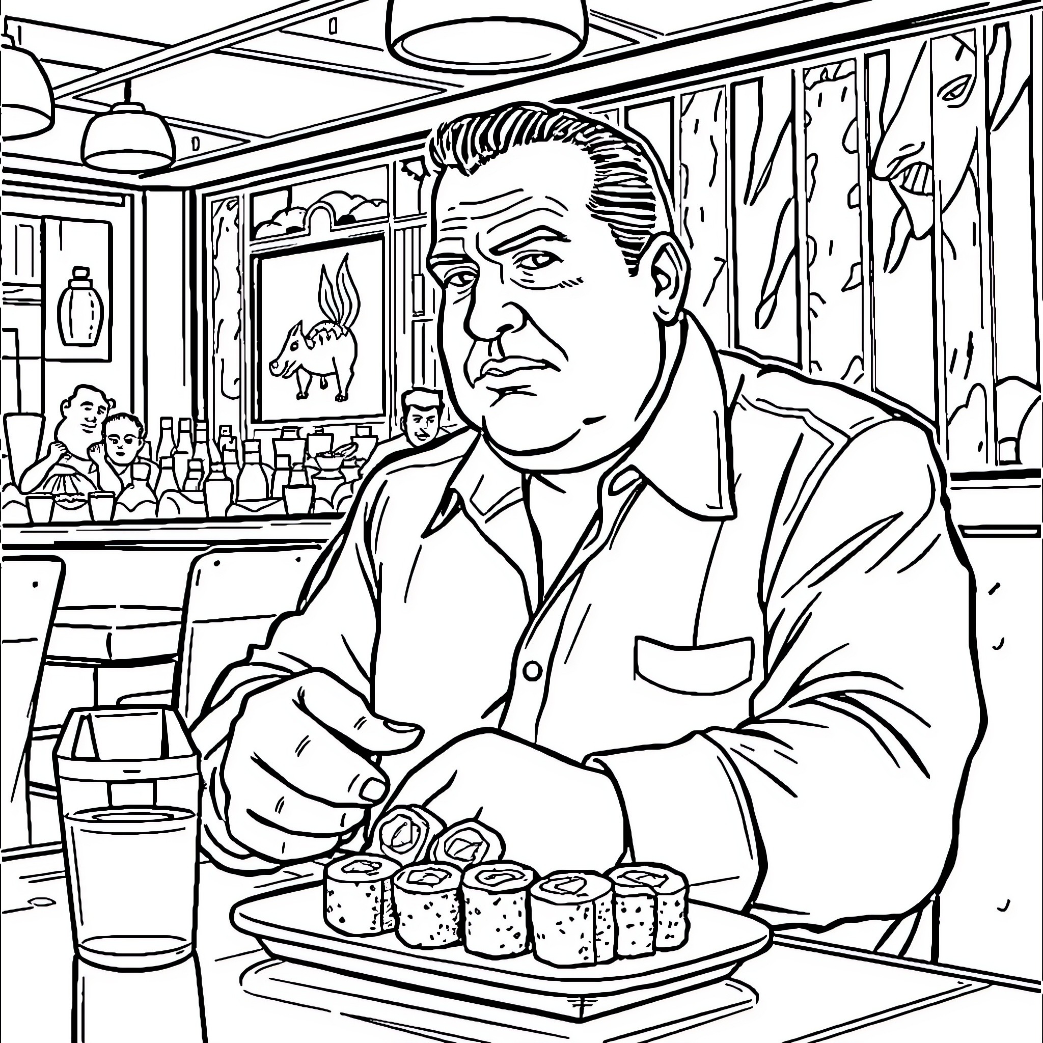 Tony Soprano enjoying a drink and snack at the bar Coloring Page (free black-and-white line drawing printable PDF for all, from beginners to advanced learners, including children, teens, adults, and seniors)