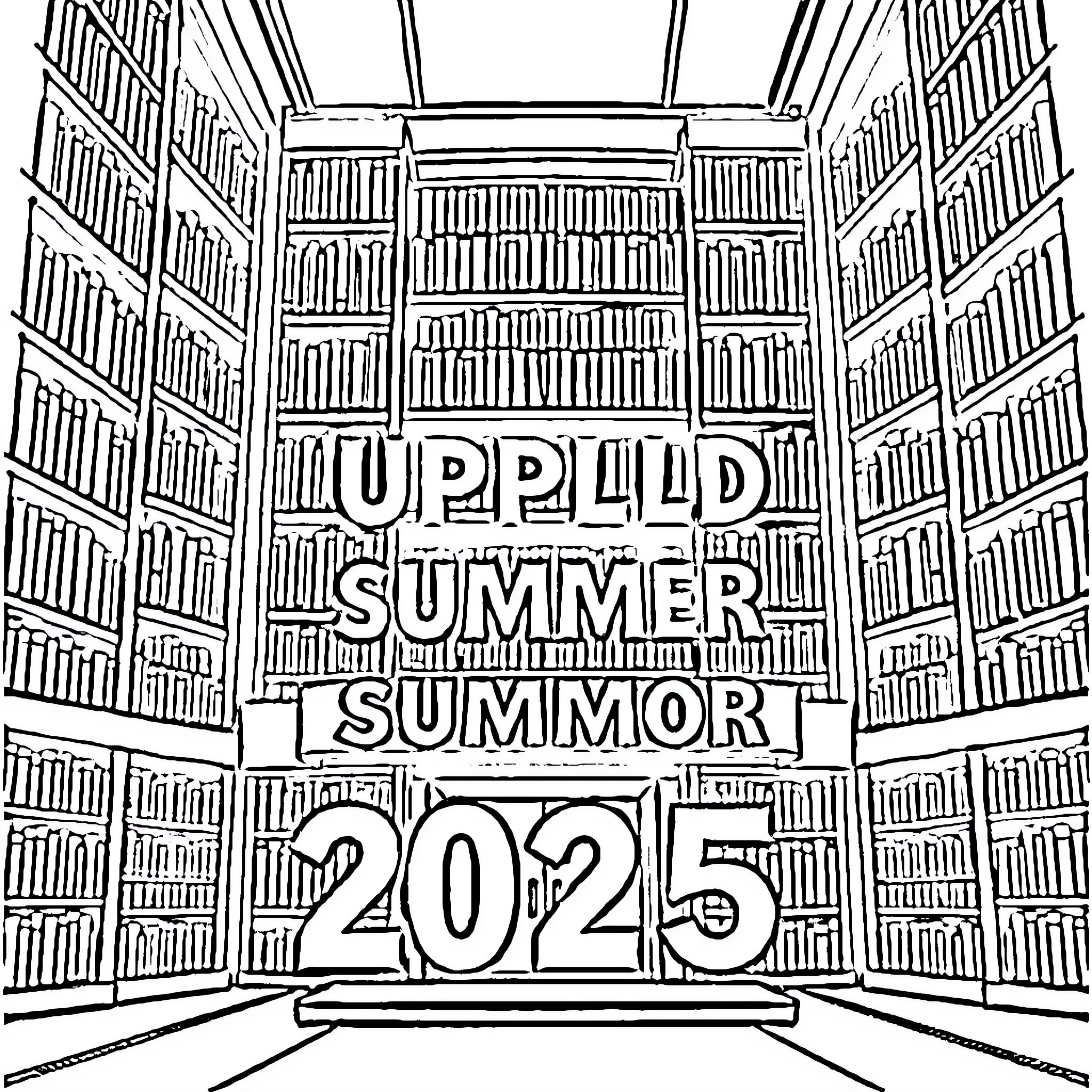Library of Endless Bookshelves and Summer Summor 2025 Coloring Page (free black-and-white line drawing printable PDF for all, from beginners to advanced learners, including children, teens, adults, and seniors)