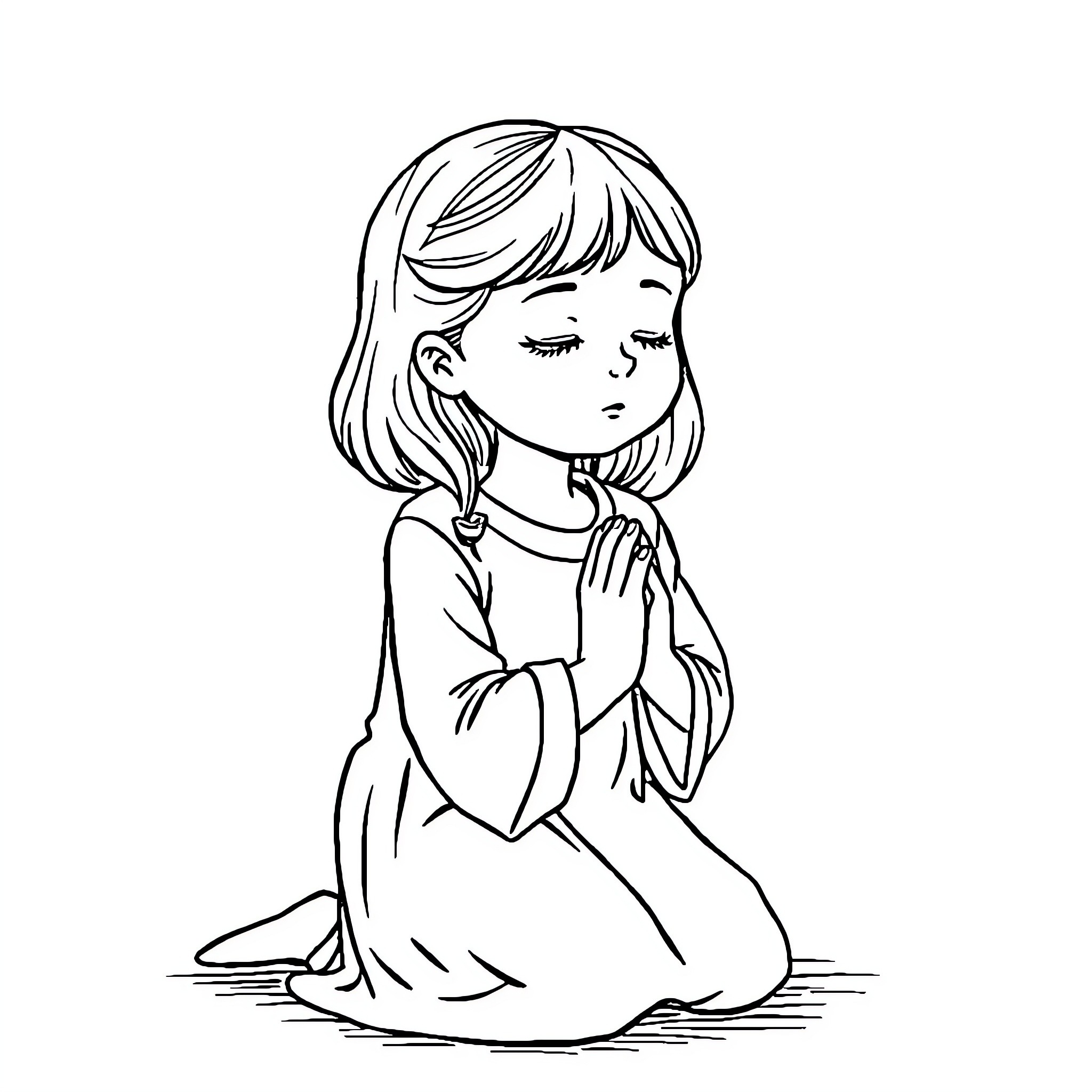 Girl praying with eyes closed Coloring Page (free black-and-white line drawing printable PDF for all, from beginners to advanced learners, including children, teens, adults, and seniors)